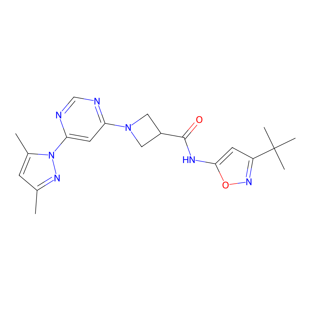 N-(3-(tert-butyl)isoxazol-5-yl)-1-(6-(3,5-dimethyl-1H-pyrazol-1-yl)pyrimidin-4-yl)azetidine-3-carboxamide molecular structure, CAS 2034282-67-0