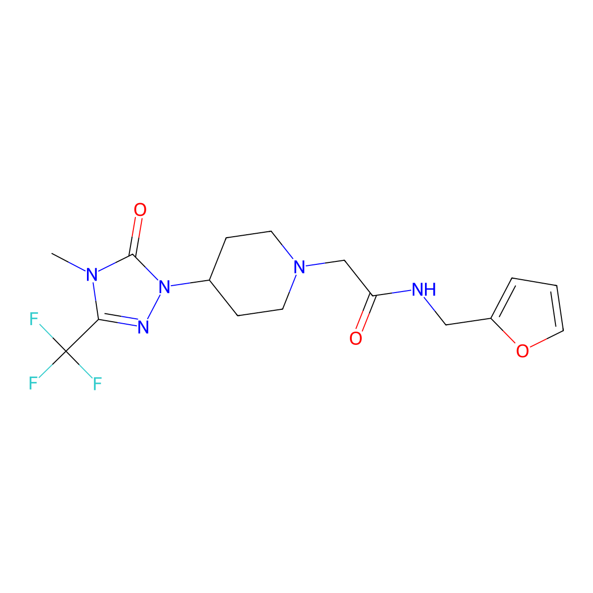 N-(furan-2-ylmethyl)-2-(4-(4-methyl-5-oxo-3-(trifluoromethyl)-4,5-dihydro-1H-1,2,4-triazol-1-yl)piperidin-1-yl)acetamide molecular structure, CAS 2034282-69-2