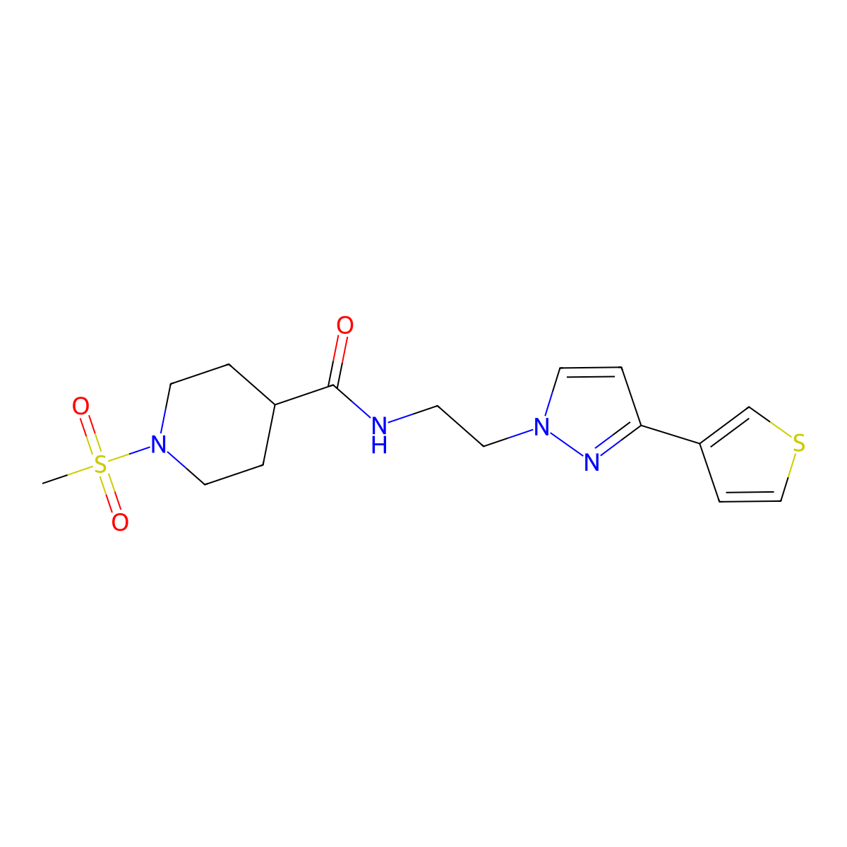 1-(methylsulfonyl)-N-(2-(3-(thiophen-3-yl)-1H-pyrazol-1-yl)ethyl)piperidine-4-carboxamide molecular structure, CAS 2034282-72-7