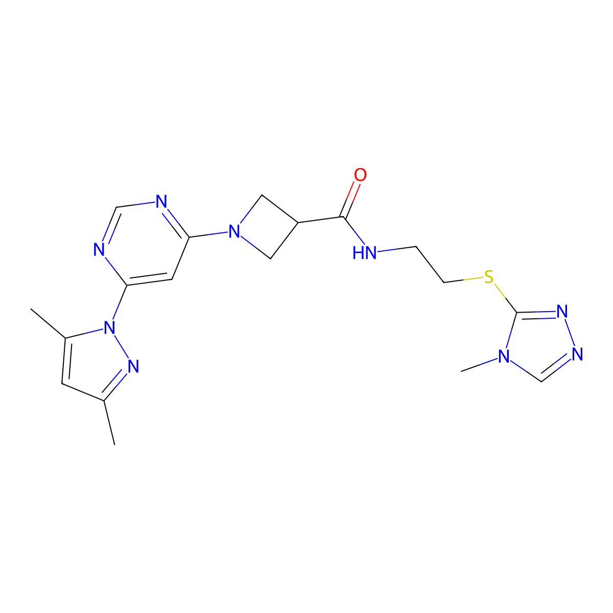 1-(6-(3,5-dimethyl-1H-pyrazol-1-yl)pyrimidin-4-yl)-N-(2-((4-methyl-4H-1,2,4-triazol-3-yl)thio)ethyl)azetidine-3-carboxamide molecular structure, CAS 2034282-74-9