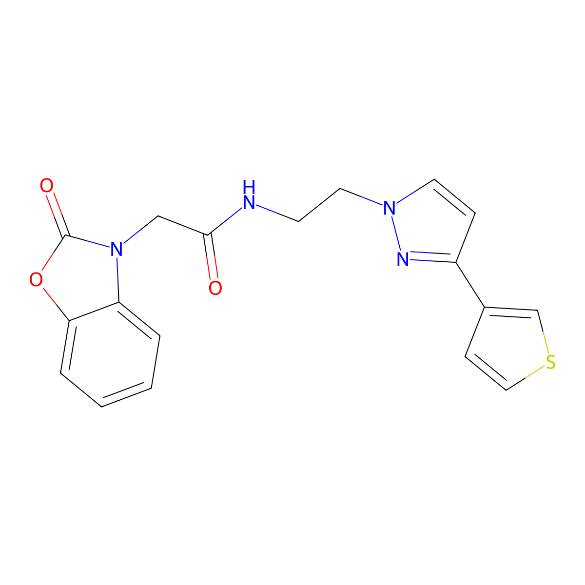 2-(2-oxobenzo[d]oxazol-3(2H)-yl)-N-(2-(3-(thiophen-3-yl)-1H-pyrazol-1-yl)ethyl)acetamide molecular structure, CAS 2034282-77-2