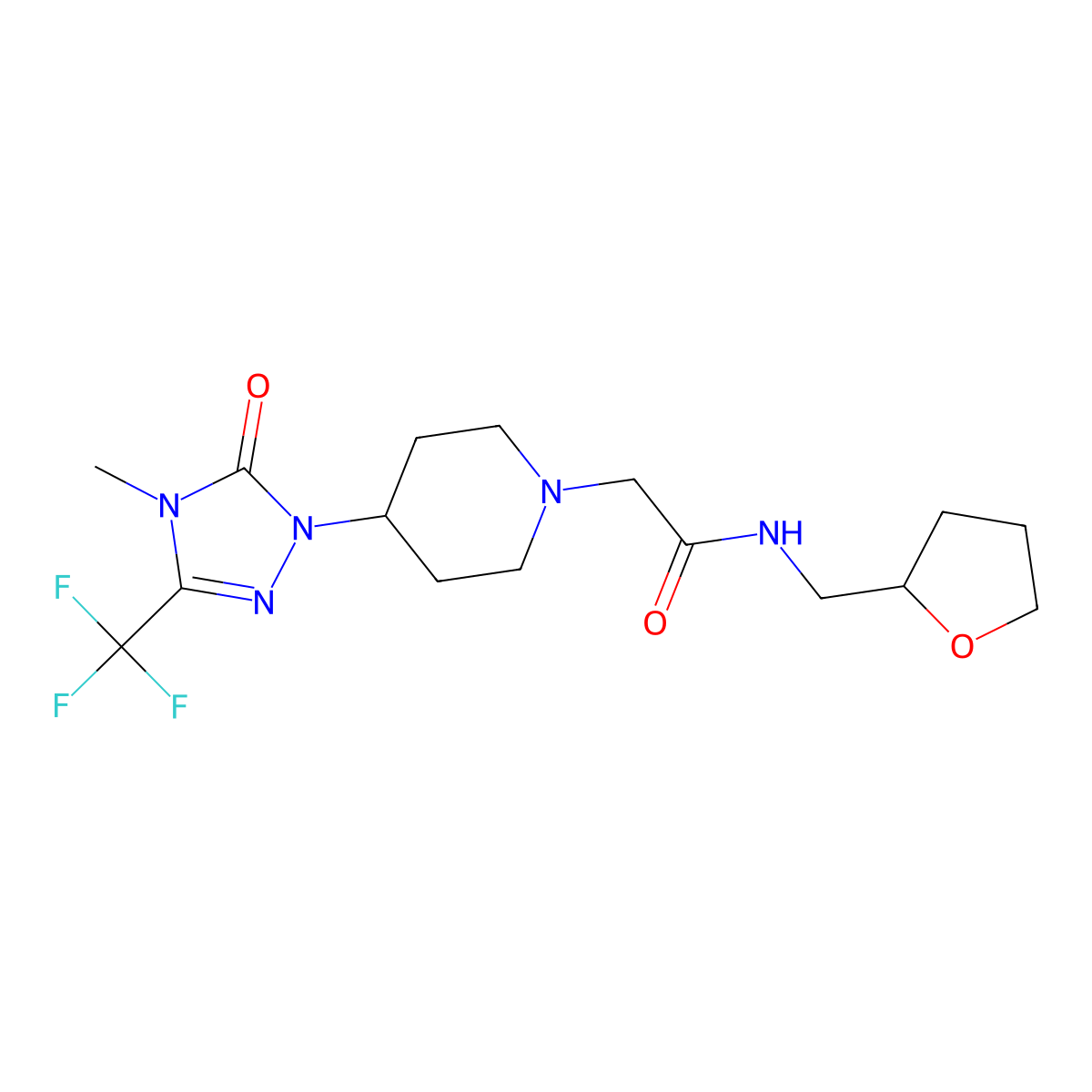 2-(4-(4-methyl-5-oxo-3-(trifluoromethyl)-4,5-dihydro-1H-1,2,4-triazol-1-yl)piperidin-1-yl)-N-((tetrahydrofuran-2-yl)methyl)acetamide molecular structure, CAS 2034282-78-3