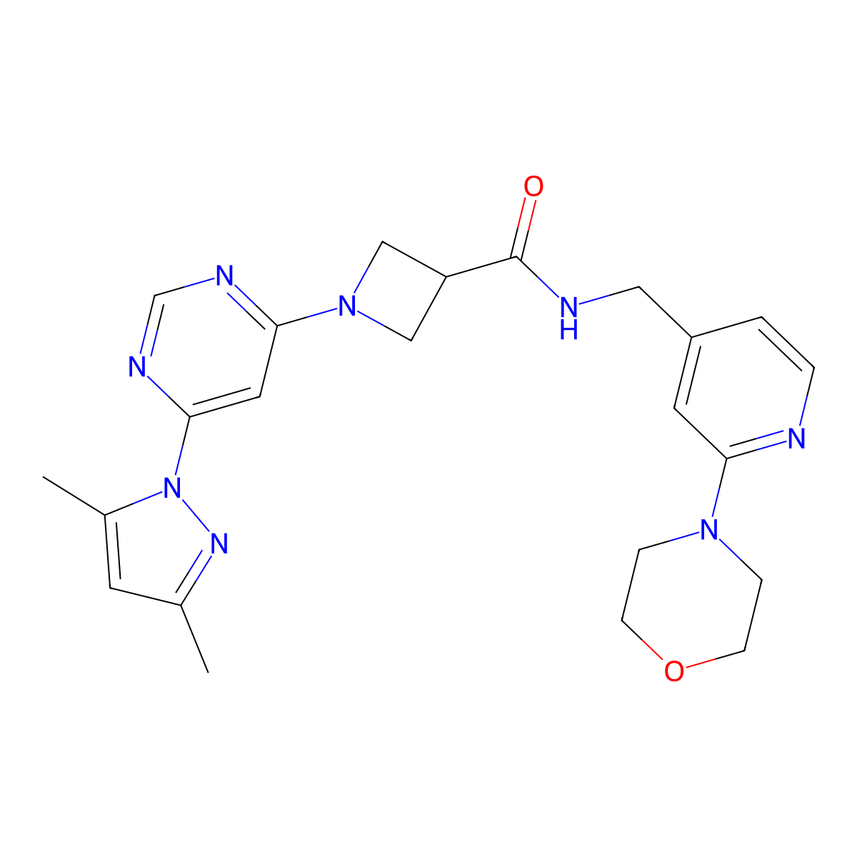 1-(6-(3,5-dimethyl-1H-pyrazol-1-yl)pyrimidin-4-yl)-N-((2-morpholinopyridin-4-yl)methyl)azetidine-3-carboxamide molecular structure, CAS 2034282-82-9