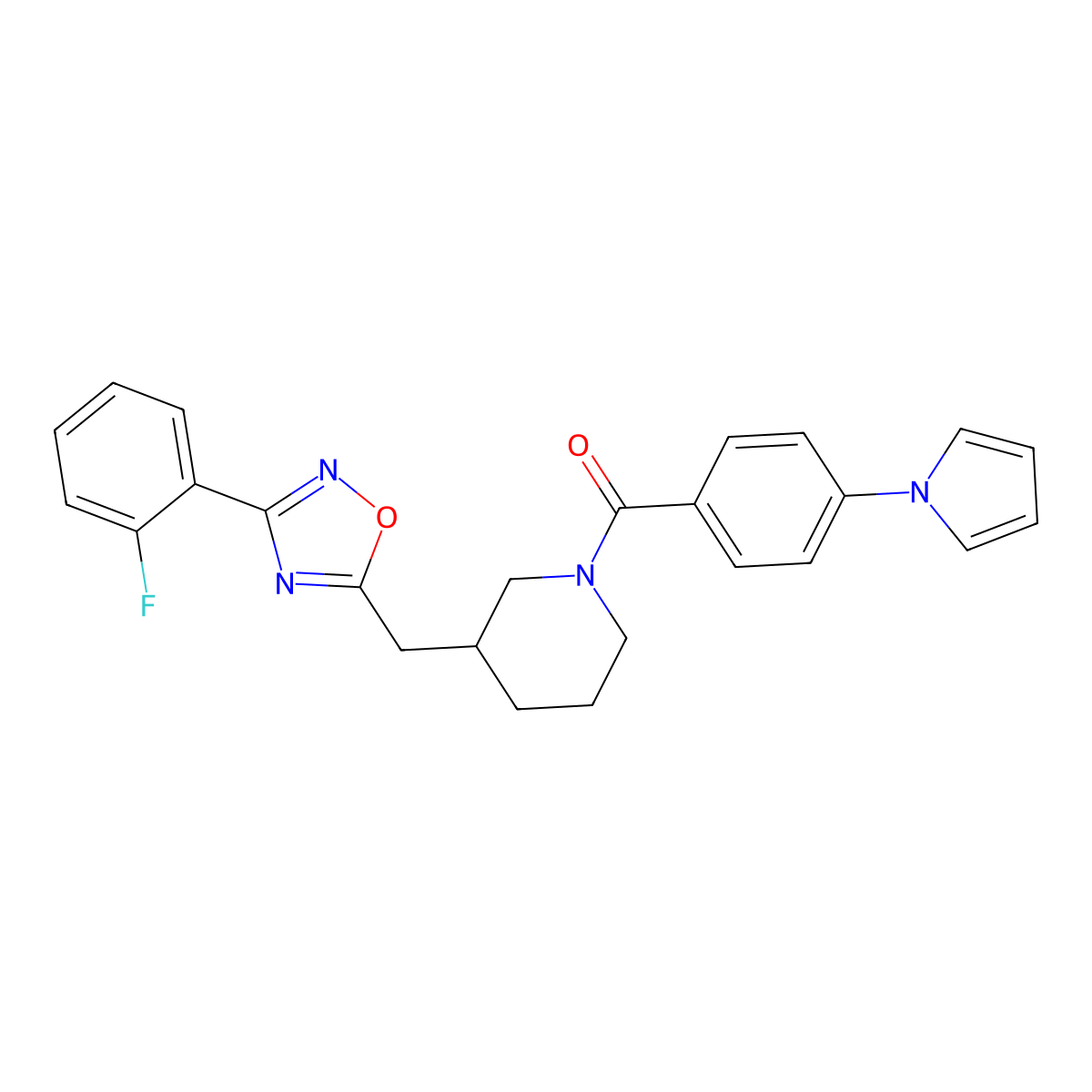 (4-(1H-pyrrol-1-yl)phenyl)(3-((3-(2-fluorophenyl)-1,2,4-oxadiazol-5-yl)methyl)piperidin-1-yl)methanone molecular structure, CAS 2034282-94-3