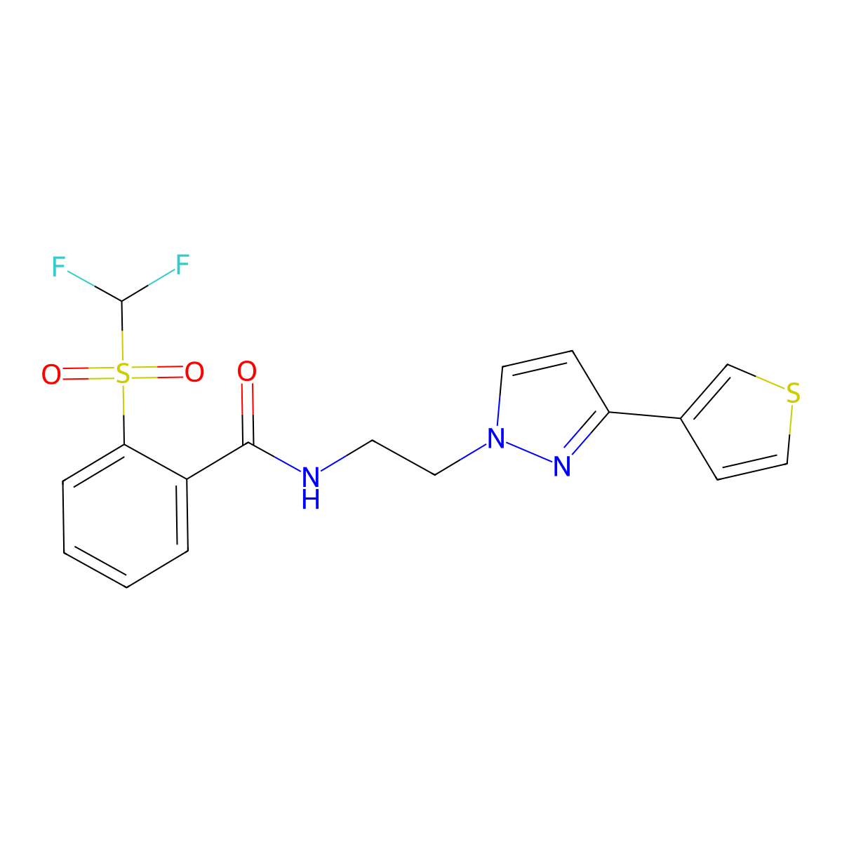 2-((difluoromethyl)sulfonyl)-N-(2-(3-(thiophen-3-yl)-1H-pyrazol-1-yl)ethyl)benzamide molecular structure, CAS 2034282-99-8