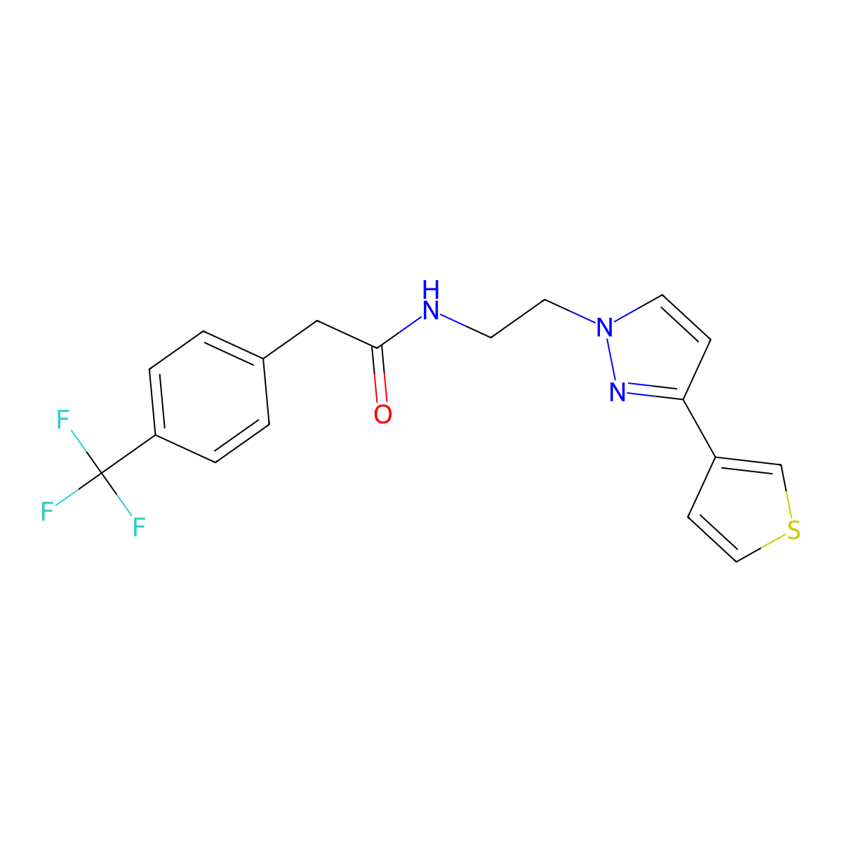 N-(2-(3-(thiophen-3-yl)-1H-pyrazol-1-yl)ethyl)-2-(4-(trifluoromethyl)phenyl)acetamide molecular structure, CAS 2034283-04-8