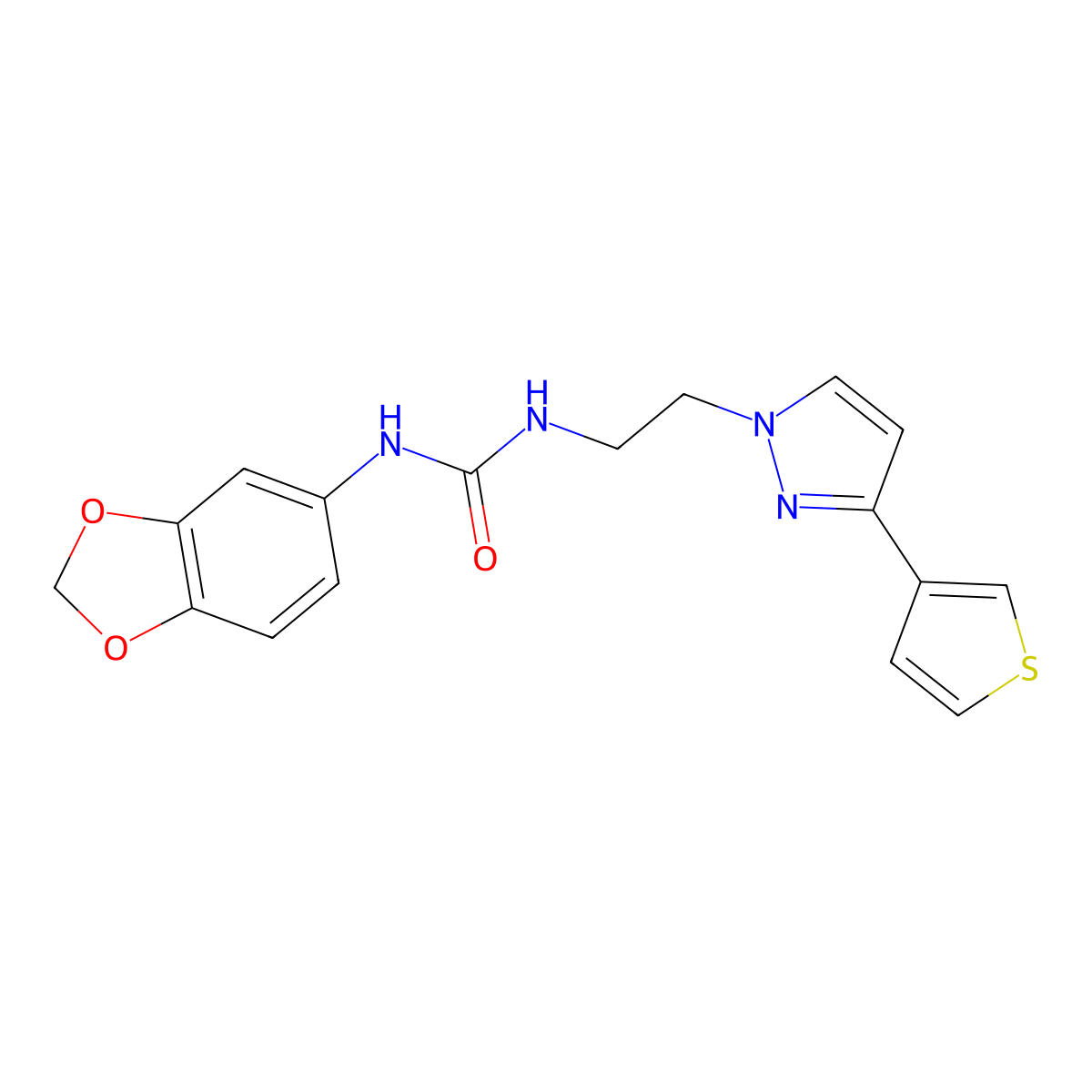 1-(benzo[d][1,3]dioxol-5-yl)-3-(2-(3-(thiophen-3-yl)-1H-pyrazol-1-yl)ethyl)urea molecular structure, CAS 2034283-14-0