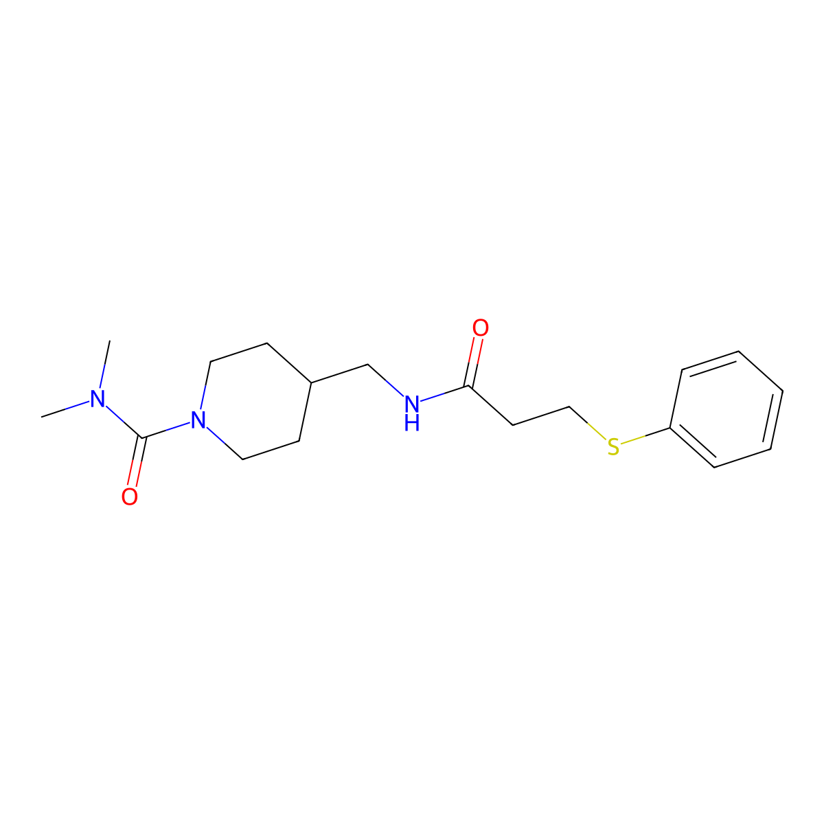 N,N-dimethyl-4-((3-(phenylthio)propanamido)methyl)piperidine-1-carboxamide molecular structure, CAS 2034283-16-2