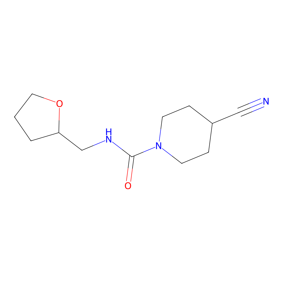 4-cyano-N-((tetrahydrofuran-2-yl)methyl)piperidine-1-carboxamide molecular structure, CAS 2034283-18-4