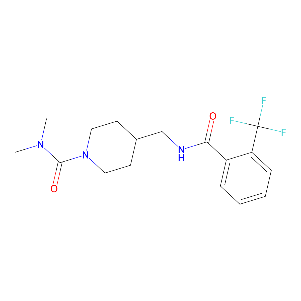 N,N-dimethyl-4-((2-(trifluoromethyl)benzamido)methyl)piperidine-1-carboxamide molecular structure, CAS 2034283-23-1