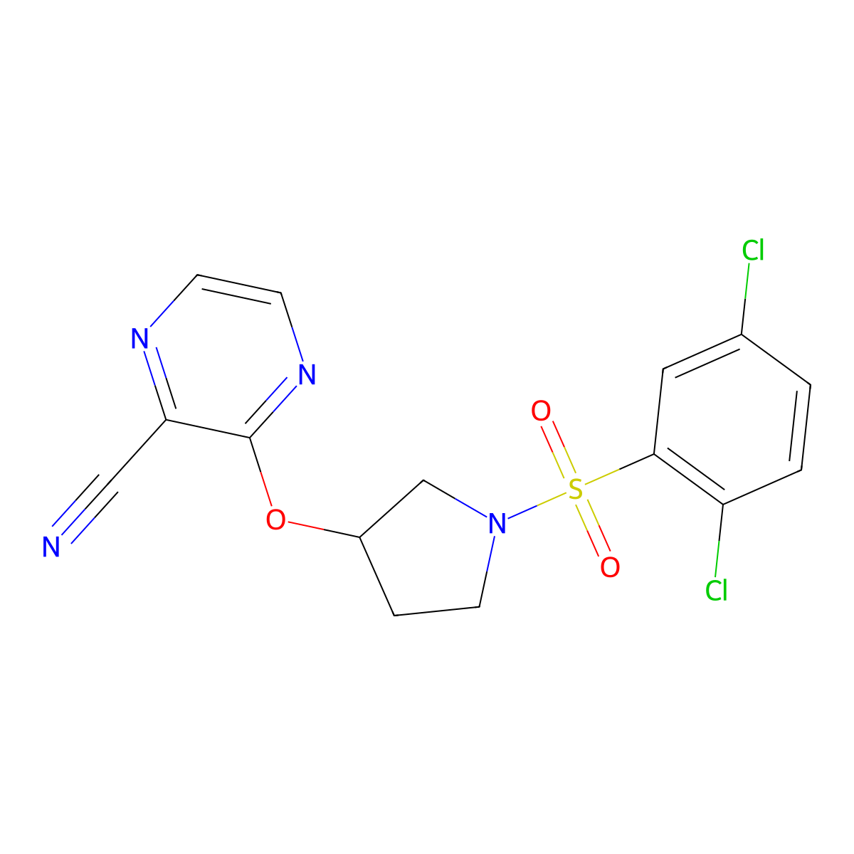 3-((1-((2,5-Dichlorophenyl)sulfonyl)pyrrolidin-3-yl)oxy)pyrazine-2-carbonitrile molecular structure, CAS 2034283-25-3