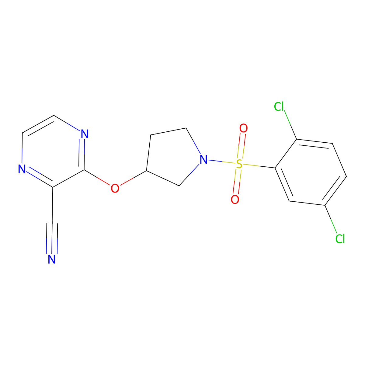 3-((1-((2,5-Dichlorophenyl)sulfonyl)pyrrolidin-3-yl)oxy)pyrazine-2-carbonitrile molecular structure, CAS 2034283-25-3