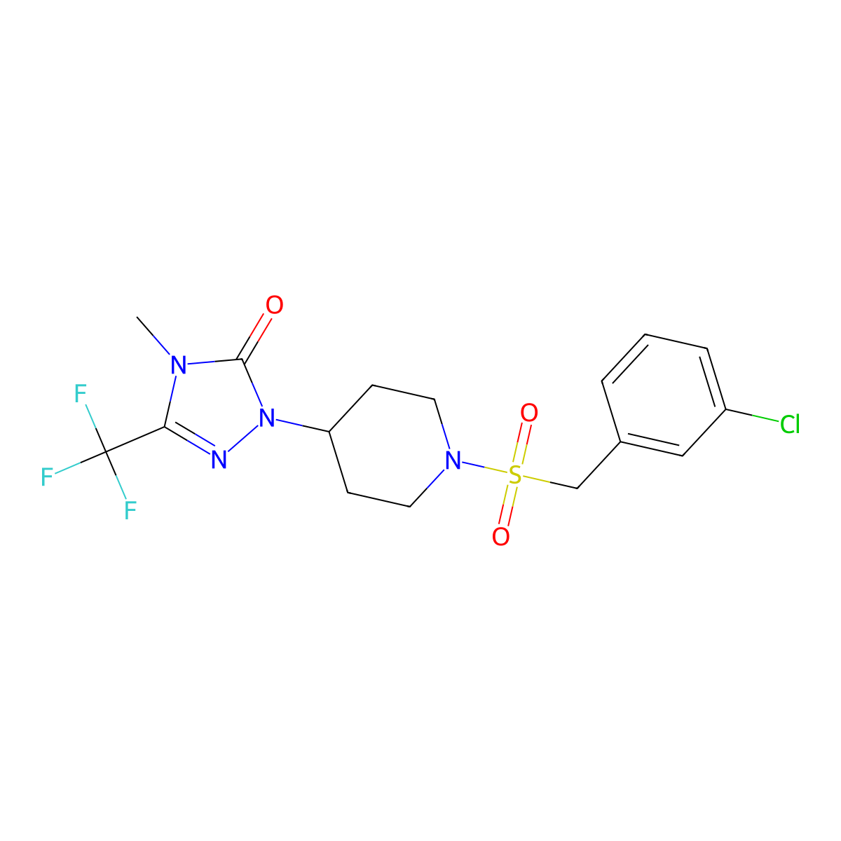 1-(1-((3-chlorobenzyl)sulfonyl)piperidin-4-yl)-4-methyl-3-(trifluoromethyl)-1H-1,2,4-triazol-5(4H)-one molecular structure, CAS 2034283-27-5