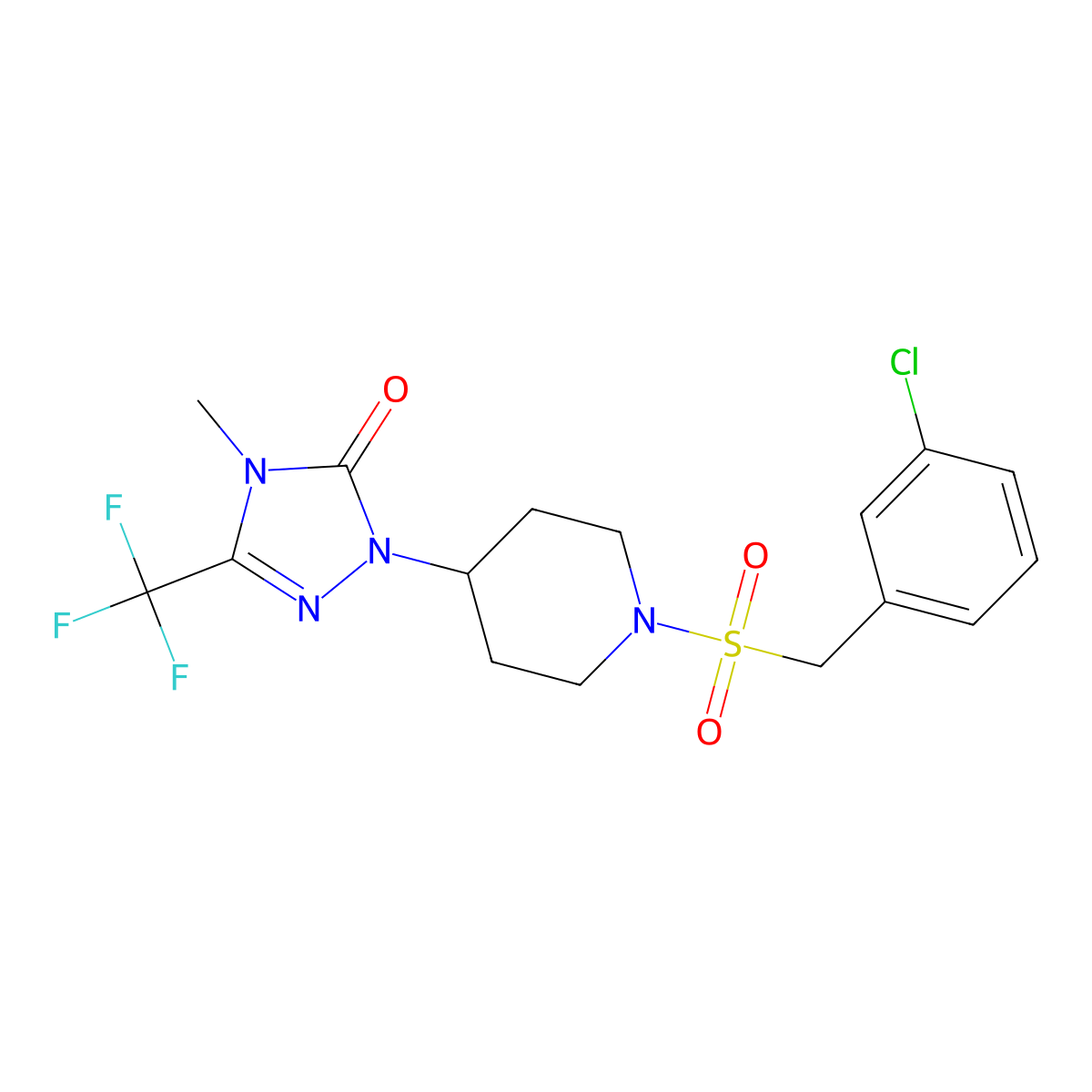 1-(1-((3-chlorobenzyl)sulfonyl)piperidin-4-yl)-4-methyl-3-(trifluoromethyl)-1H-1,2,4-triazol-5(4H)-one molecular structure, CAS 2034283-27-5