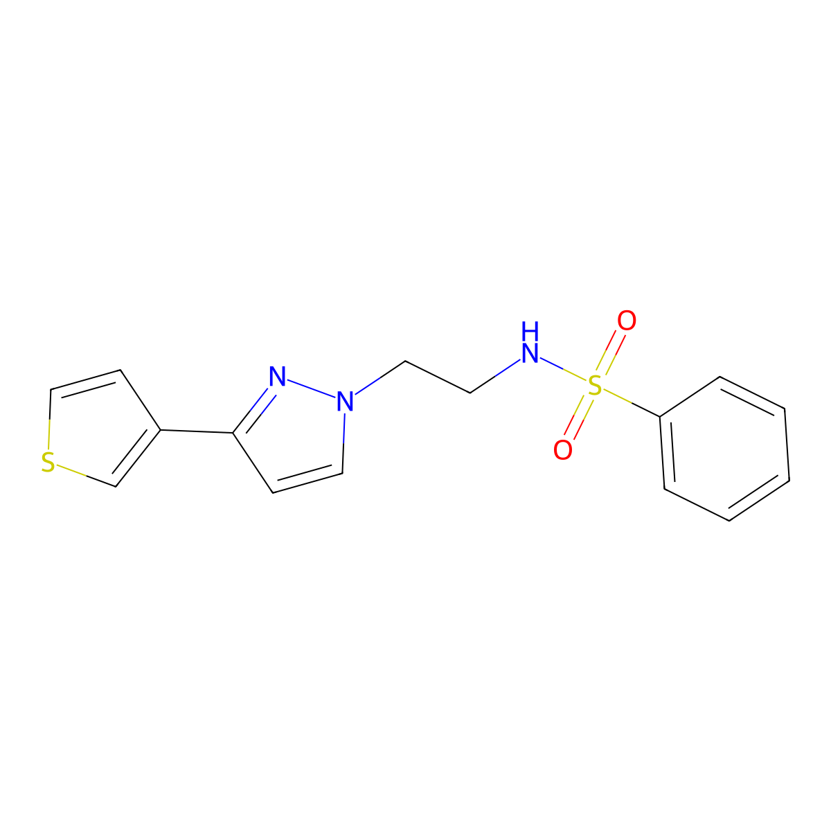 N-(2-(3-(thiophen-3-yl)-1H-pyrazol-1-yl)ethyl)benzenesulfonamide molecular structure, CAS 2034283-29-7