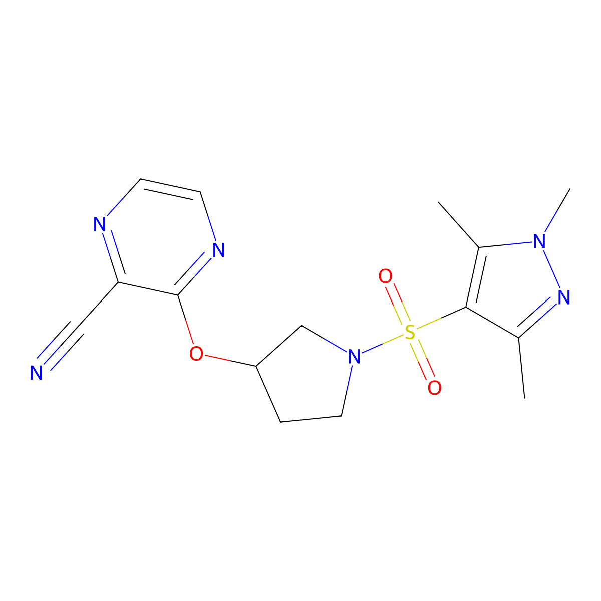3-({1-[(1,3,5-trimethyl-1H-pyrazol-4-yl)sulfonyl]pyrrolidin-3-yl}oxy)pyrazine-2-carbonitrile molecular structure, CAS 2034283-30-0