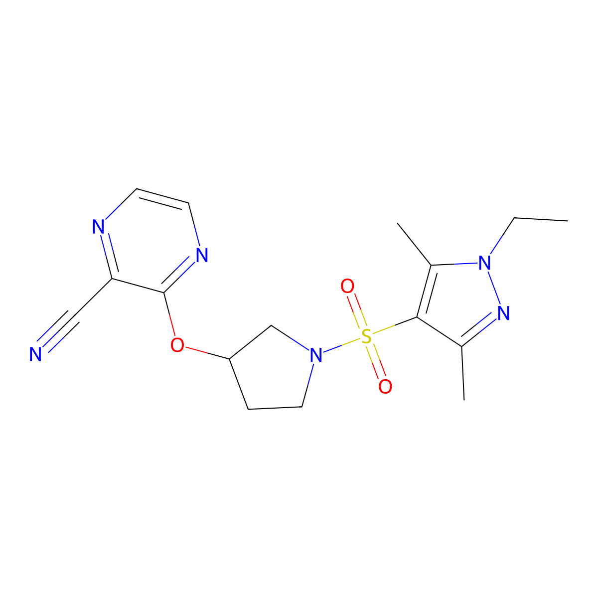 3-((1-((1-ethyl-3,5-dimethyl-1H-pyrazol-4-yl)sulfonyl)pyrrolidin-3-yl)oxy)pyrazine-2-carbonitrile molecular structure, CAS 2034283-37-7