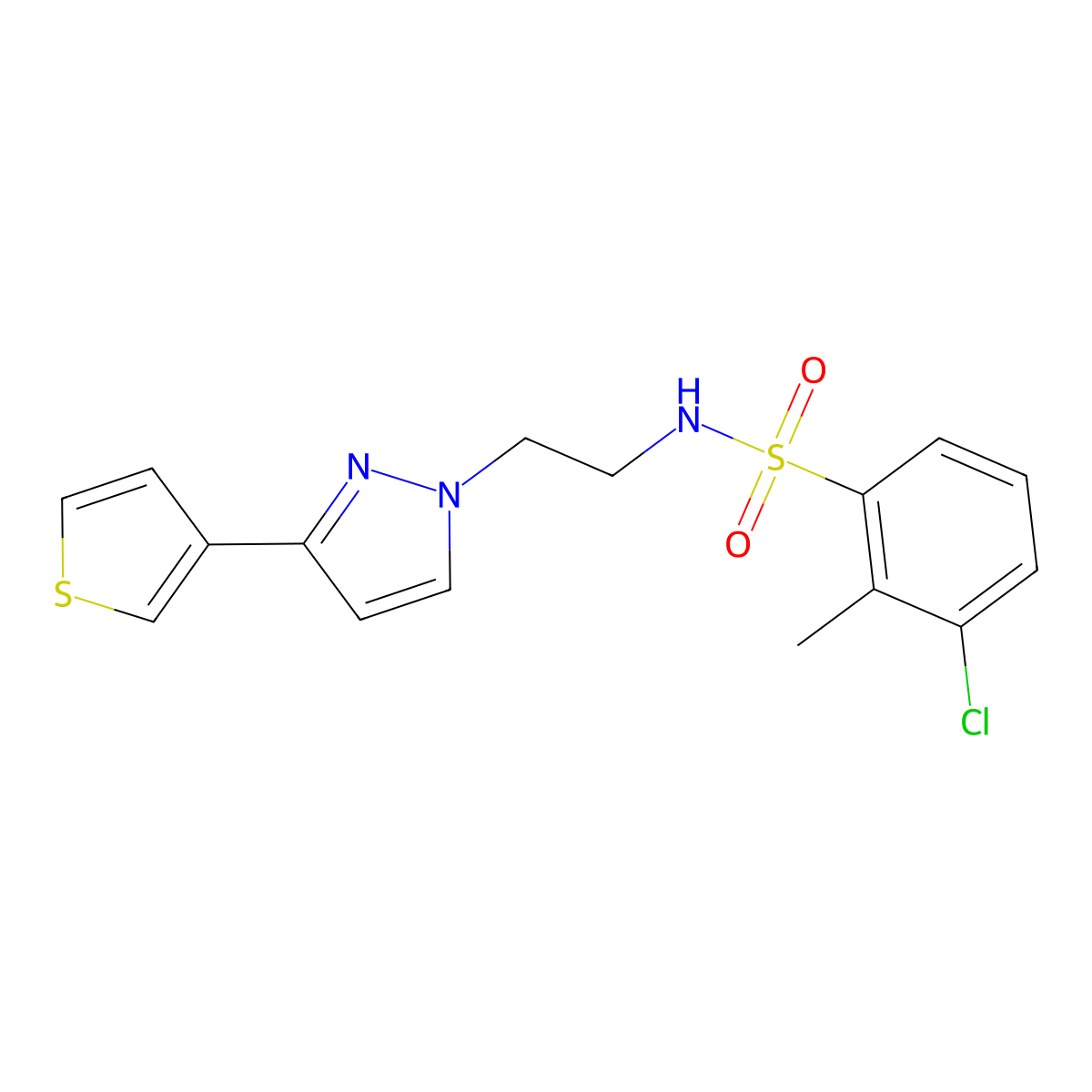 3-chloro-2-methyl-N-(2-(3-(thiophen-3-yl)-1H-pyrazol-1-yl)ethyl)benzenesulfonamide molecular structure, CAS 2034283-39-9