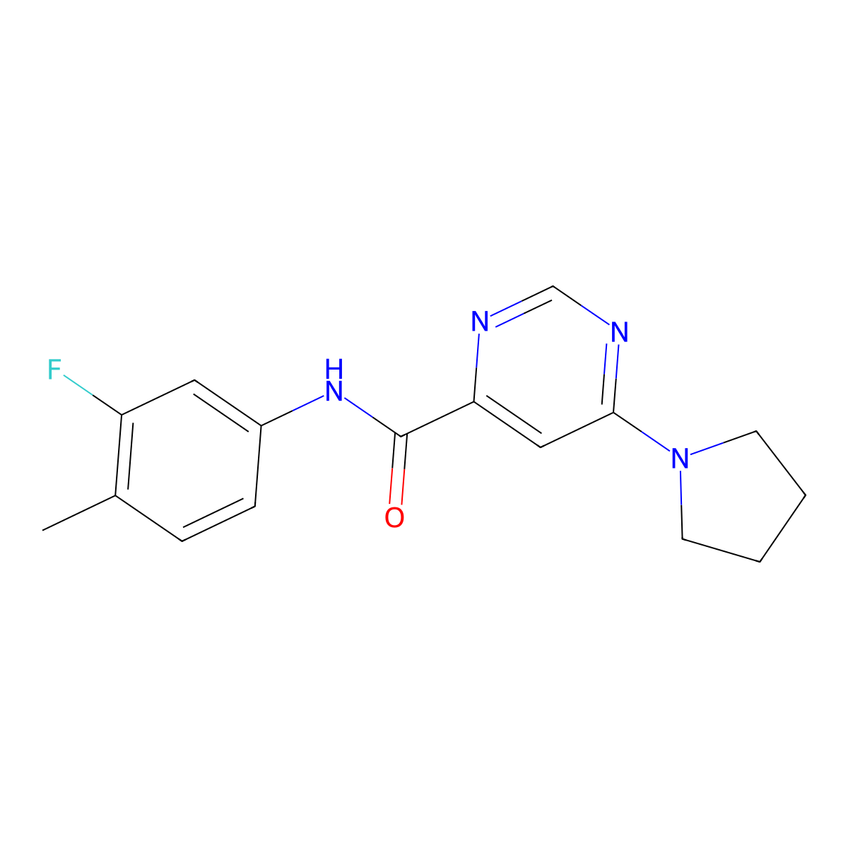 N-(3-fluoro-4-methylphenyl)-6-(pyrrolidin-1-yl)pyrimidine-4-carboxamide molecular structure, CAS 2034283-42-4