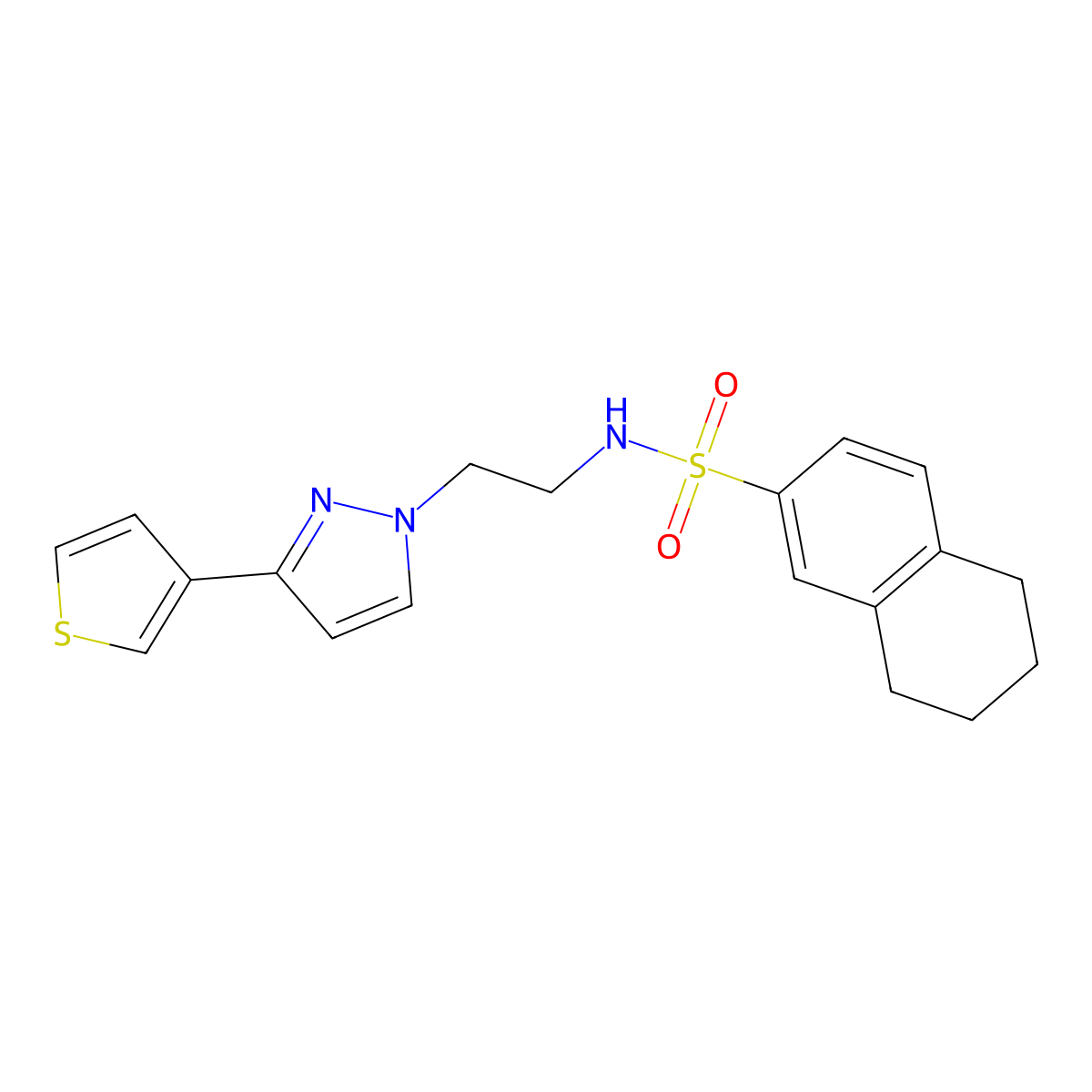 N-(2-(3-(thiophen-3-yl)-1H-pyrazol-1-yl)ethyl)-5,6,7,8-tetrahydronaphthalene-2-sulfonamide molecular structure, CAS 2034283-45-7