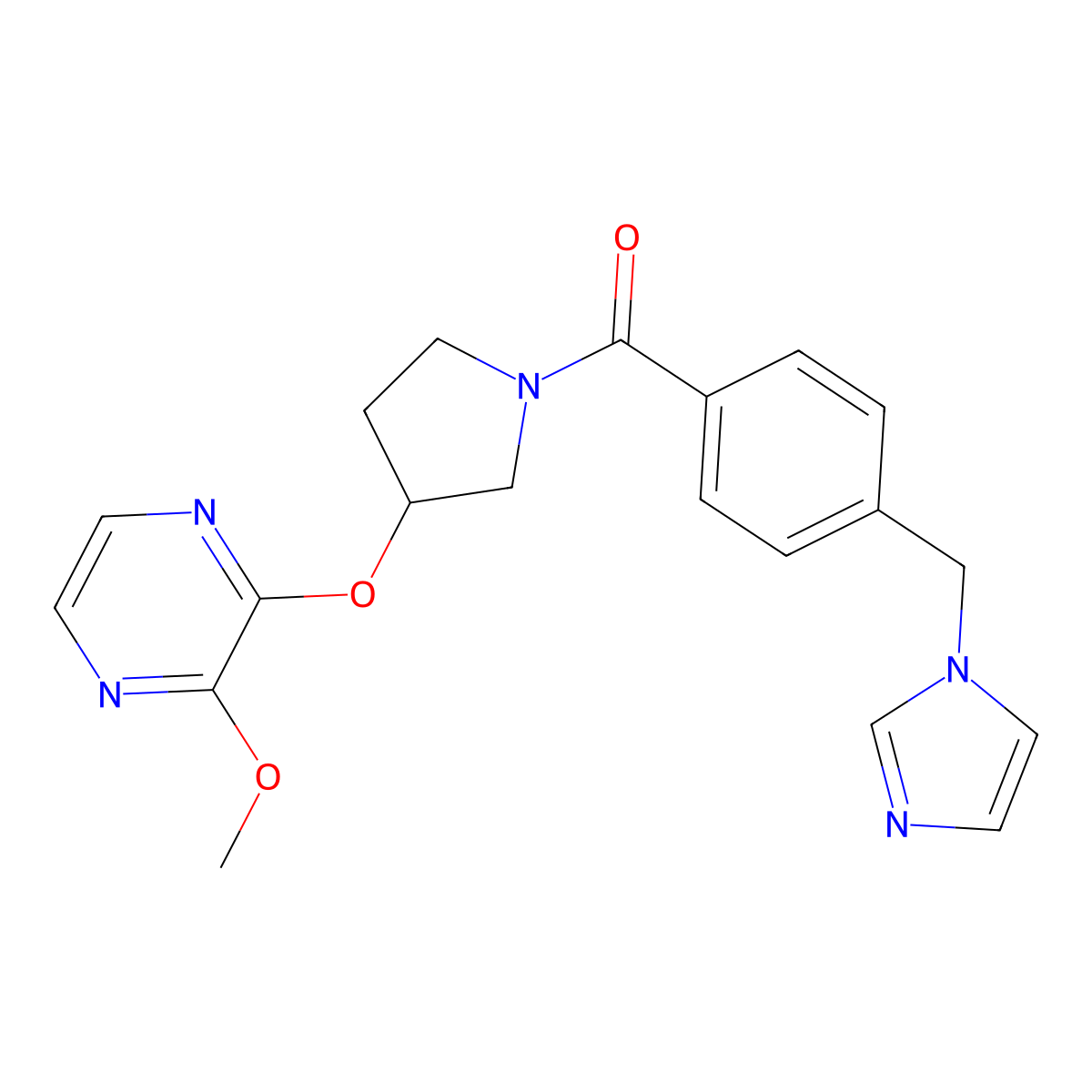 (4-((1H-imidazol-1-yl)methyl)phenyl)(3-((3-methoxypyrazin-2-yl)oxy)pyrrolidin-1-yl)methanone molecular structure, CAS 2034283-60-6