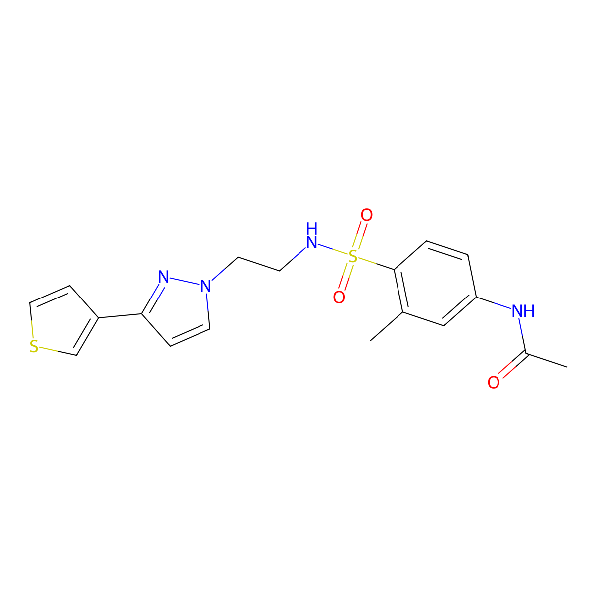 N-(3-methyl-4-(N-(2-(3-(thiophen-3-yl)-1H-pyrazol-1-yl)ethyl)sulfamoyl)phenyl)acetamide molecular structure, CAS 2034283-64-0