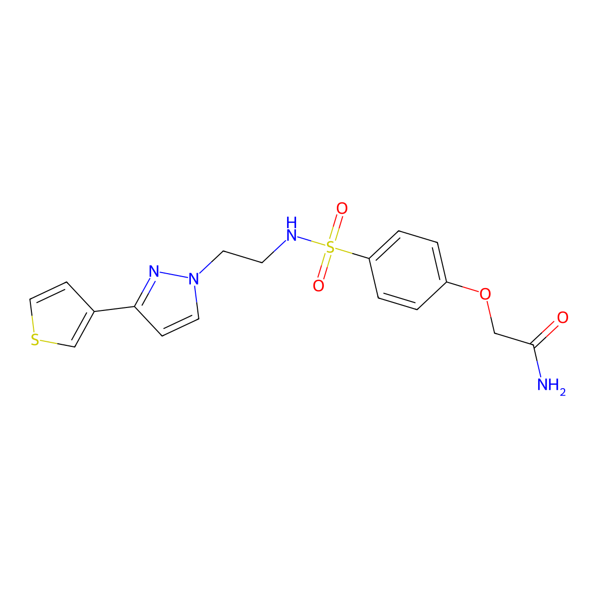 2-(4-(N-(2-(3-(thiophen-3-yl)-1H-pyrazol-1-yl)ethyl)sulfamoyl)phenoxy)acetamide molecular structure, CAS 2034283-66-2