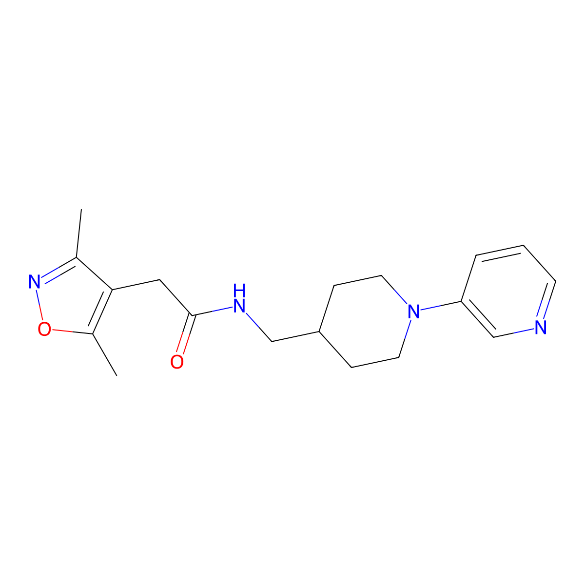 2-(3,5-dimethylisoxazol-4-yl)-N-((1-(pyridin-3-yl)piperidin-4-yl)methyl)acetamide molecular structure, CAS 2034283-73-1
