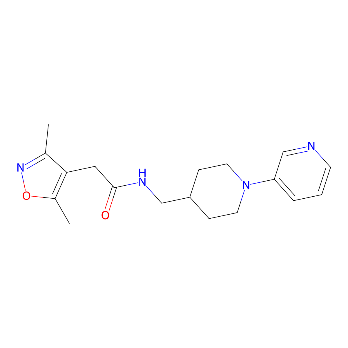 2-(3,5-dimethylisoxazol-4-yl)-N-((1-(pyridin-3-yl)piperidin-4-yl)methyl)acetamide molecular structure, CAS 2034283-73-1