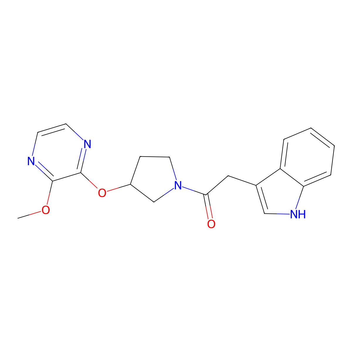 2-(1H-indol-3-yl)-1-(3-((3-methoxypyrazin-2-yl)oxy)pyrrolidin-1-yl)ethanone molecular structure, CAS 2034283-78-6