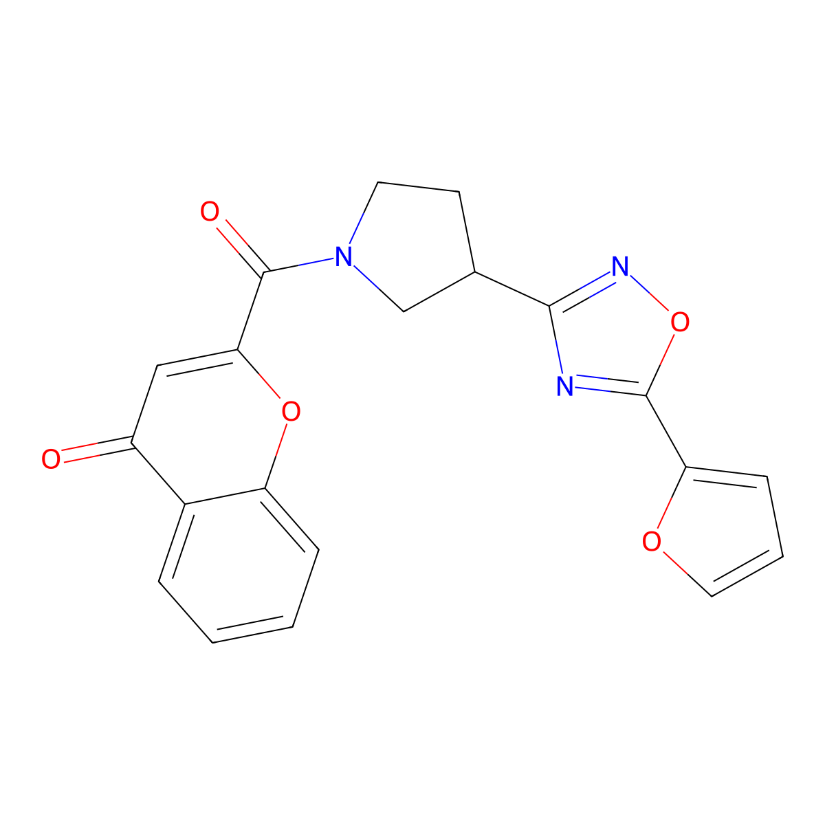 2-(3-(5-(furan-2-yl)-1,2,4-oxadiazol-3-yl)pyrrolidine-1-carbonyl)-4H-chromen-4-one molecular structure, CAS 2034283-82-2