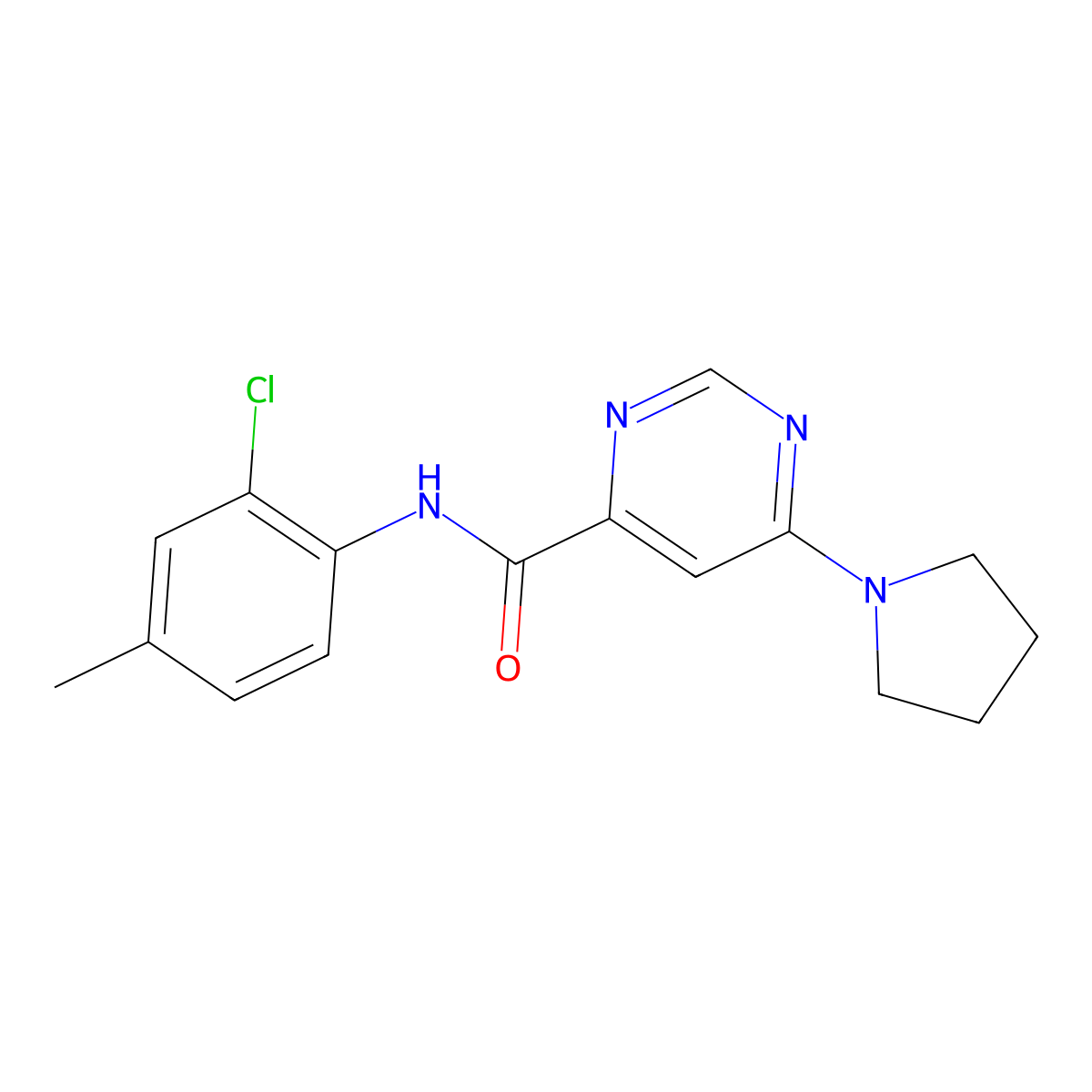 N-(2-chloro-4-methylphenyl)-6-(pyrrolidin-1-yl)pyrimidine-4-carboxamide molecular structure, CAS 2034283-95-7