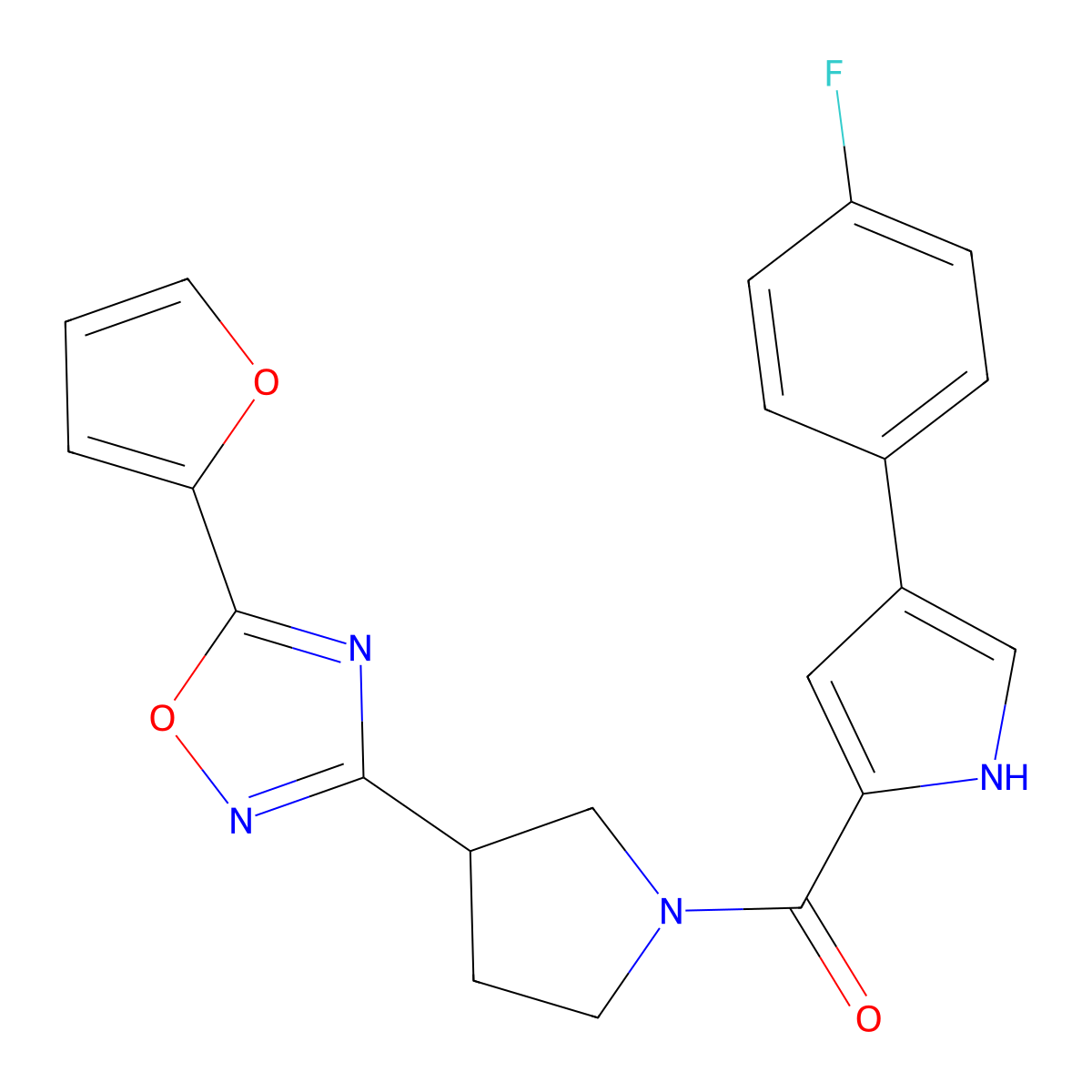 (4-(4-fluorophenyl)-1H-pyrrol-2-yl)(3-(5-(furan-2-yl)-1,2,4-oxadiazol-3-yl)pyrrolidin-1-yl)methanone molecular structure, CAS 2034284-01-8