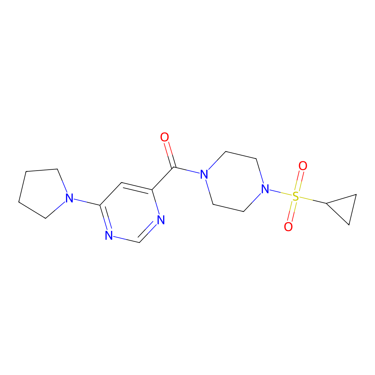 (4-(Cyclopropylsulfonyl)piperazin-1-yl)(6-(pyrrolidin-1-yl)pyrimidin-4-yl)methanone molecular structure, CAS 2034284-02-9