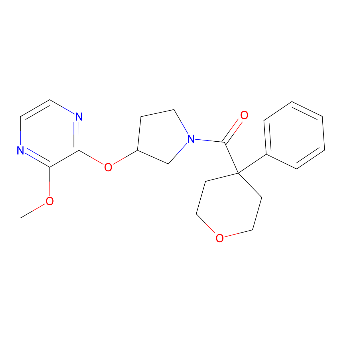 (3-((3-methoxypyrazin-2-yl)oxy)pyrrolidin-1-yl)(4-phenyltetrahydro-2H-pyran-4-yl)methanone molecular structure, CAS 2034284-07-4