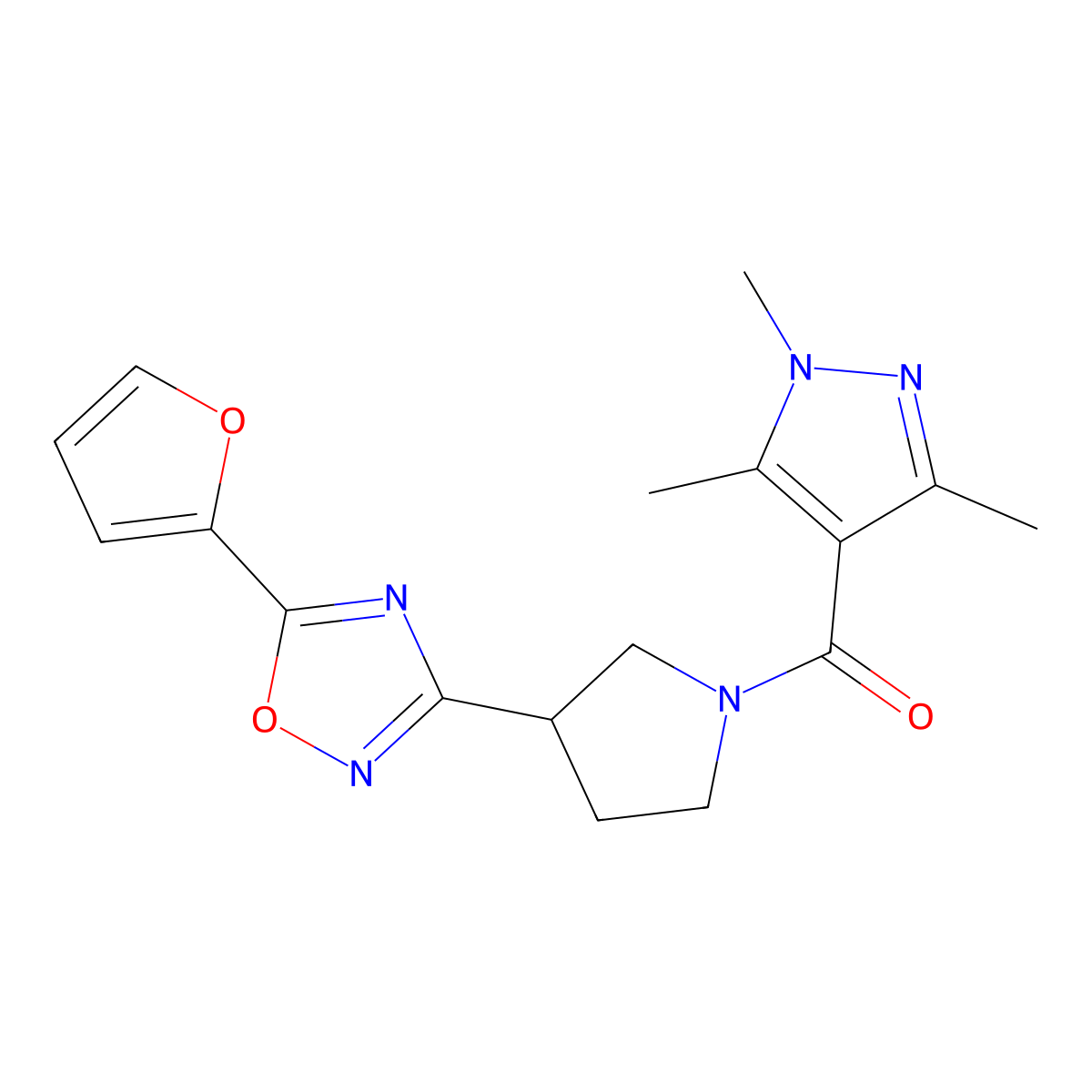 (3-(5-(furan-2-yl)-1,2,4-oxadiazol-3-yl)pyrrolidin-1-yl)(1,3,5-trimethyl-1H-pyrazol-4-yl)methanone molecular structure, CAS 2034284-11-0