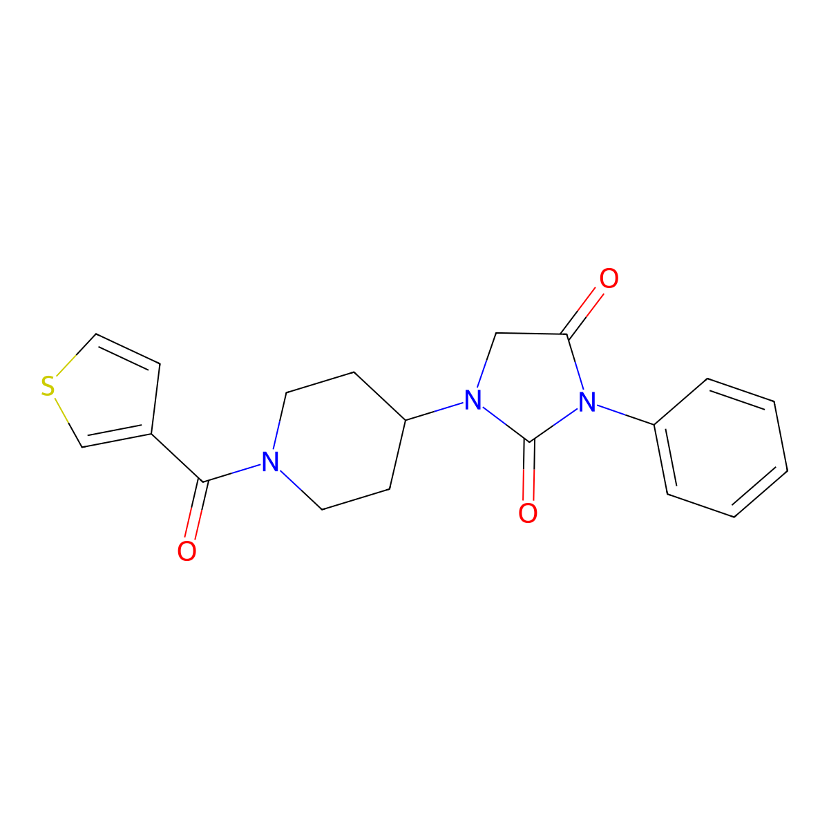 3-Phenyl-1-[1-(thiophene-3-carbonyl)piperidin-4-yl]imidazolidine-2,4-dione molecular structure, CAS 2034284-15-4