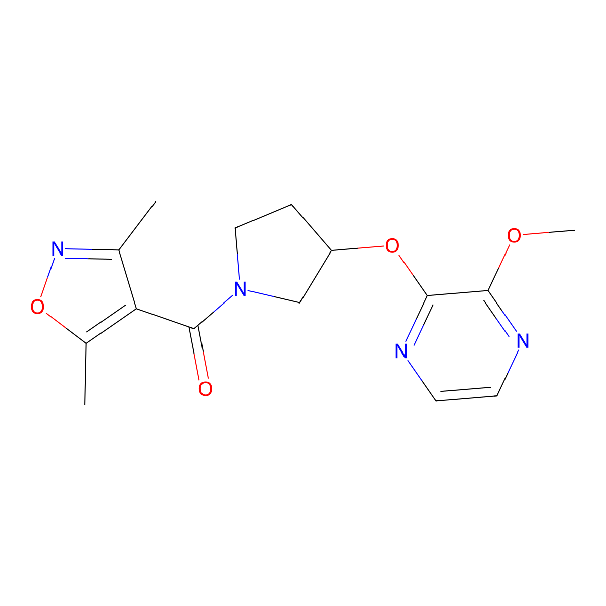 (3,5-Dimethylisoxazol-4-yl)(3-((3-methoxypyrazin-2-yl)oxy)pyrrolidin-1-yl)methanone molecular structure, CAS 2034284-18-7