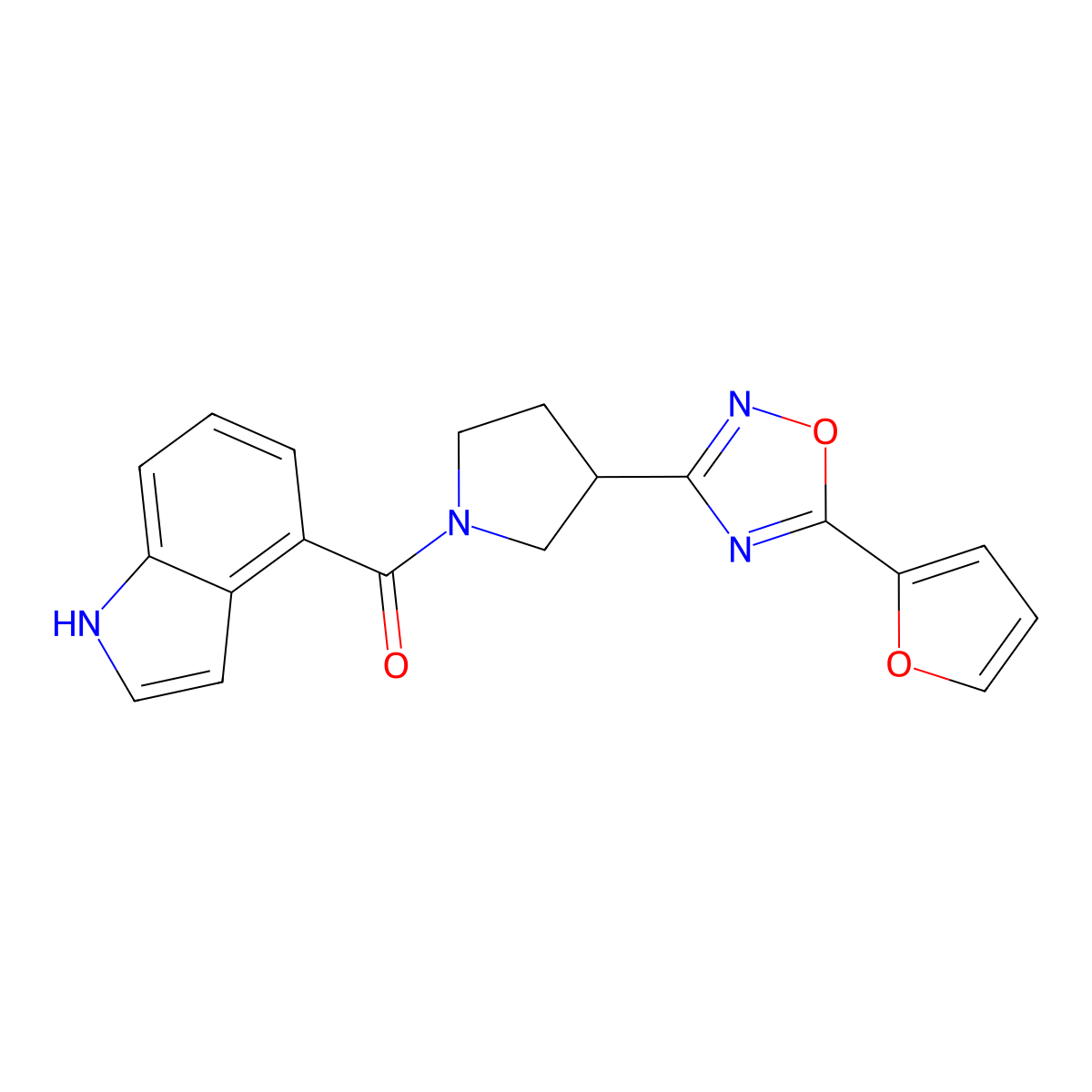 (3-(5-(furan-2-yl)-1,2,4-oxadiazol-3-yl)pyrrolidin-1-yl)(1H-indol-4-yl)methanone molecular structure, CAS 2034284-21-2