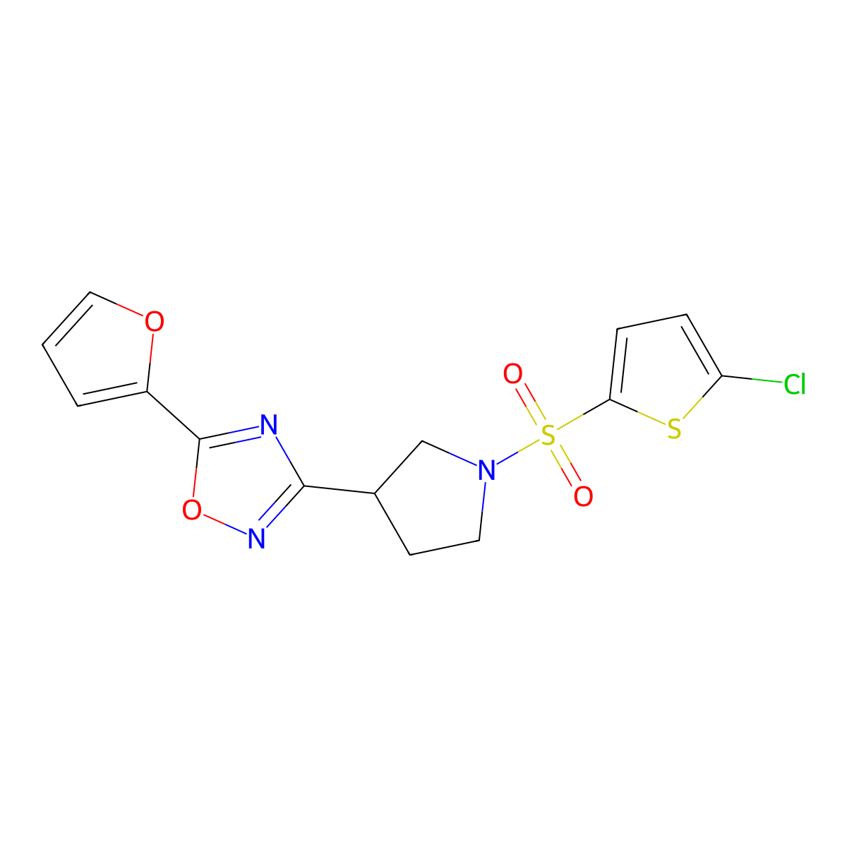 3-(1-((5-Chlorothiophen-2-yl)sulfonyl)pyrrolidin-3-yl)-5-(furan-2-yl)-1,2,4-oxadiazole molecular structure, CAS 2034284-29-0