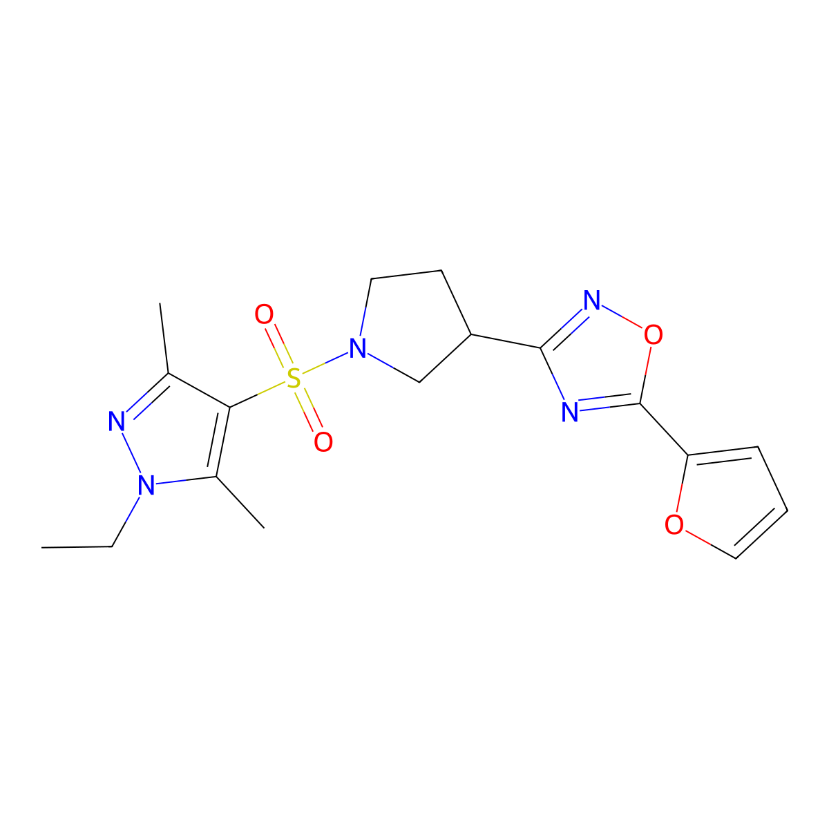 3-(1-((1-ethyl-3,5-dimethyl-1H-pyrazol-4-yl)sulfonyl)pyrrolidin-3-yl)-5-(furan-2-yl)-1,2,4-oxadiazole molecular structure, CAS 2034284-38-1