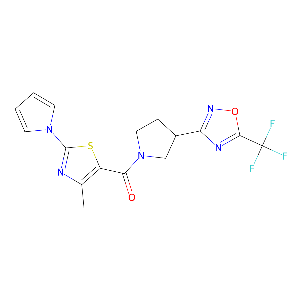 (4-methyl-2-(1H-pyrrol-1-yl)thiazol-5-yl)(3-(5-(trifluoromethyl)-1,2,4-oxadiazol-3-yl)pyrrolidin-1-yl)methanone molecular structure, CAS 2034284-44-9