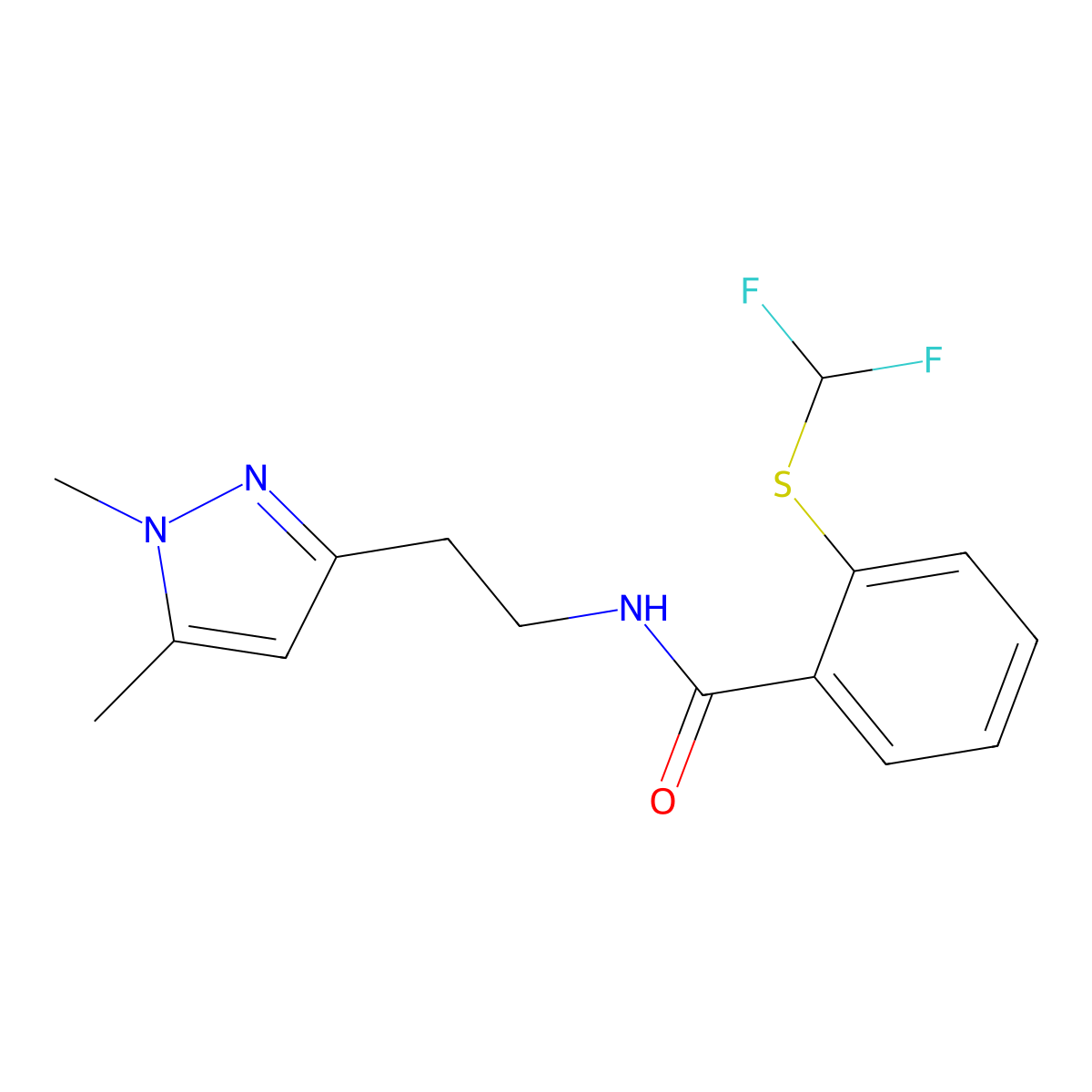 2-((difluoromethyl)thio)-N-(2-(1,5-dimethyl-1H-pyrazol-3-yl)ethyl)benzamide molecular structure, CAS 2034284-45-0