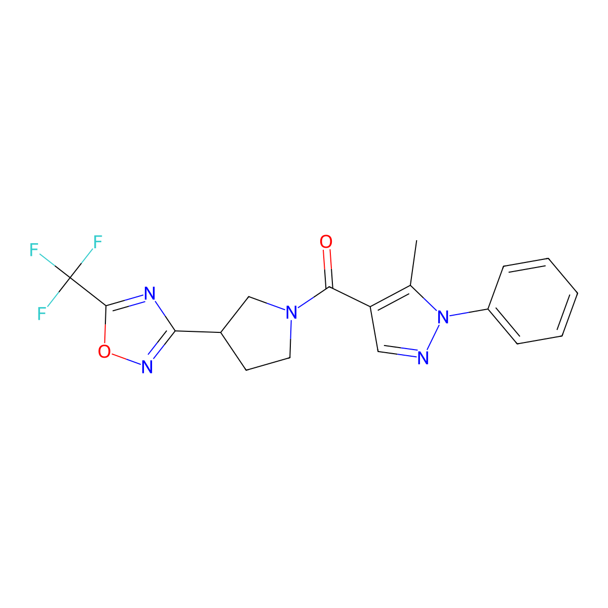 (5-methyl-1-phenyl-1H-pyrazol-4-yl)(3-(5-(trifluoromethyl)-1,2,4-oxadiazol-3-yl)pyrrolidin-1-yl)methanone molecular structure, CAS 2034284-63-2