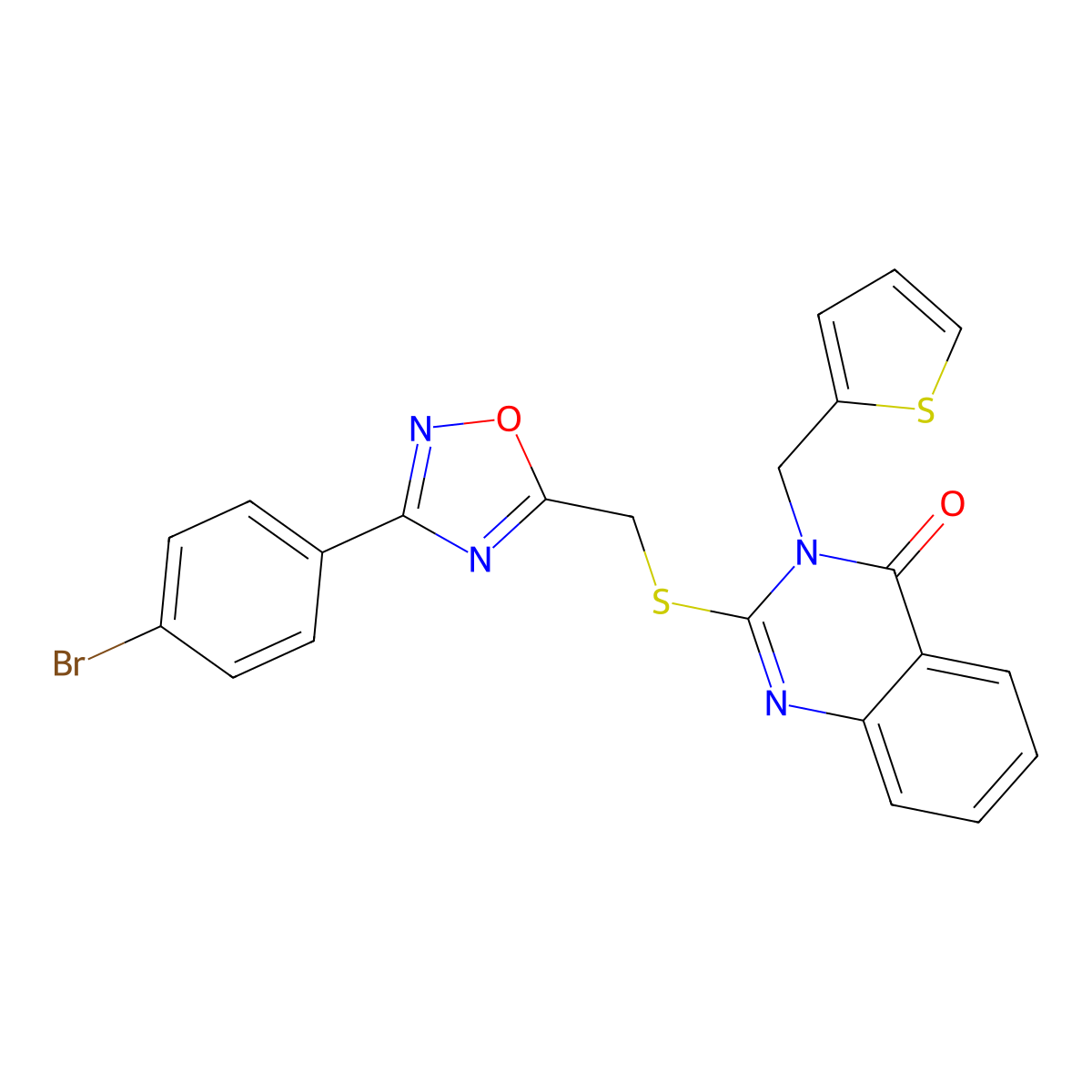 2-(((3-(4-bromophenyl)-1,2,4-oxadiazol-5-yl)methyl)thio)-3-(thiophen-2-ylmethyl)quinazolin-4(3H)-one molecular structure, CAS 2034284-67-6
