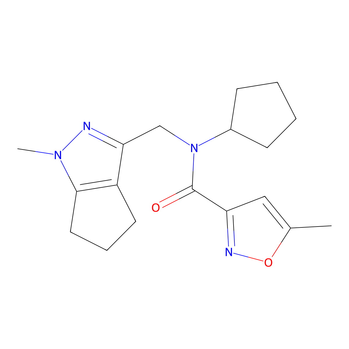 N-cyclopentyl-5-methyl-N-((1-methyl-1,4,5,6-tetrahydrocyclopenta[c]pyrazol-3-yl)methyl)isoxazole-3-carboxamide molecular structure, CAS 2034284-74-5