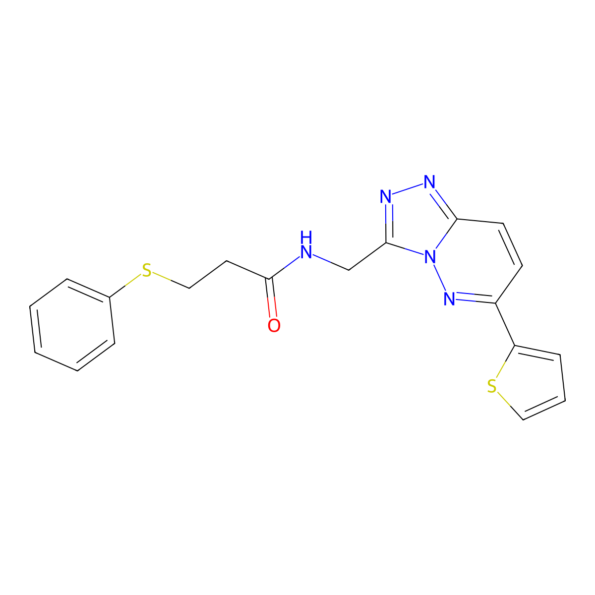 3-(phenylthio)-N-((6-(thiophen-2-yl)-[1,2,4]triazolo[4,3-b]pyridazin-3-yl)methyl)propanamide molecular structure, CAS 2034284-80-3