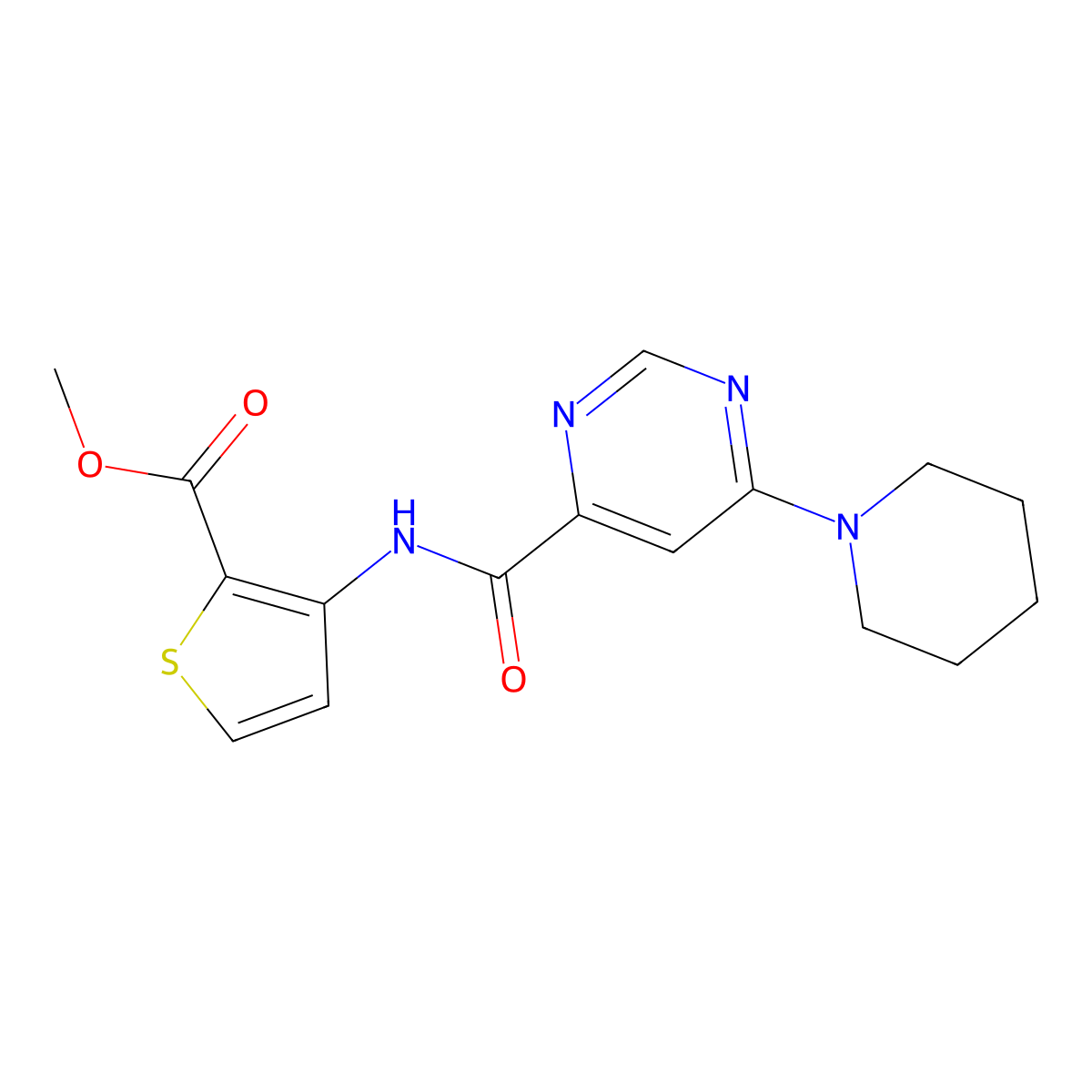 Methyl 3-(6-(piperidin-1-yl)pyrimidine-4-carboxamido)thiophene-2-carboxylate molecular structure, CAS 2034284-87-0