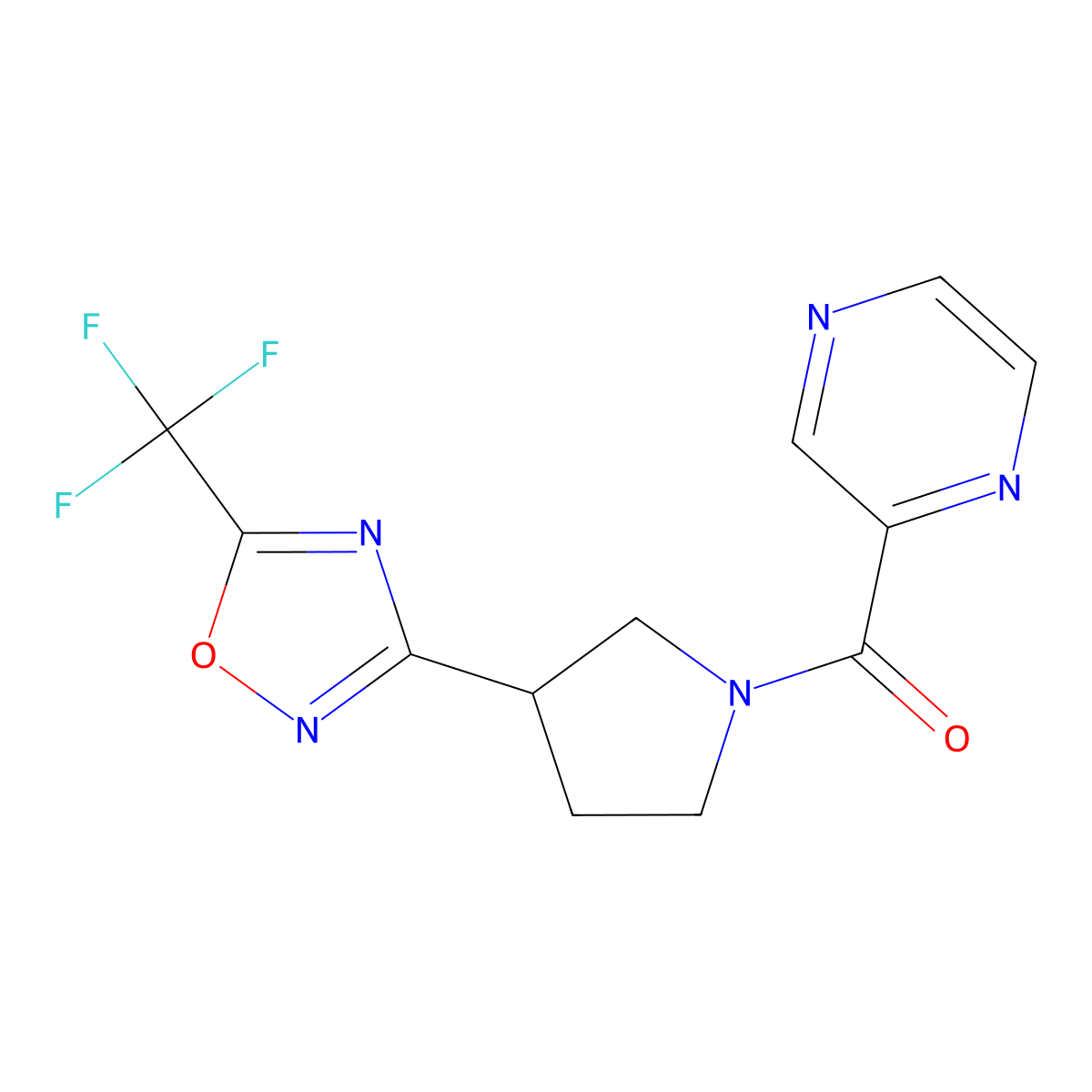 Pyrazin-2-yl(3-(5-(trifluoromethyl)-1,2,4-oxadiazol-3-yl)pyrrolidin-1-yl)methanone molecular structure, CAS 2034284-96-1
