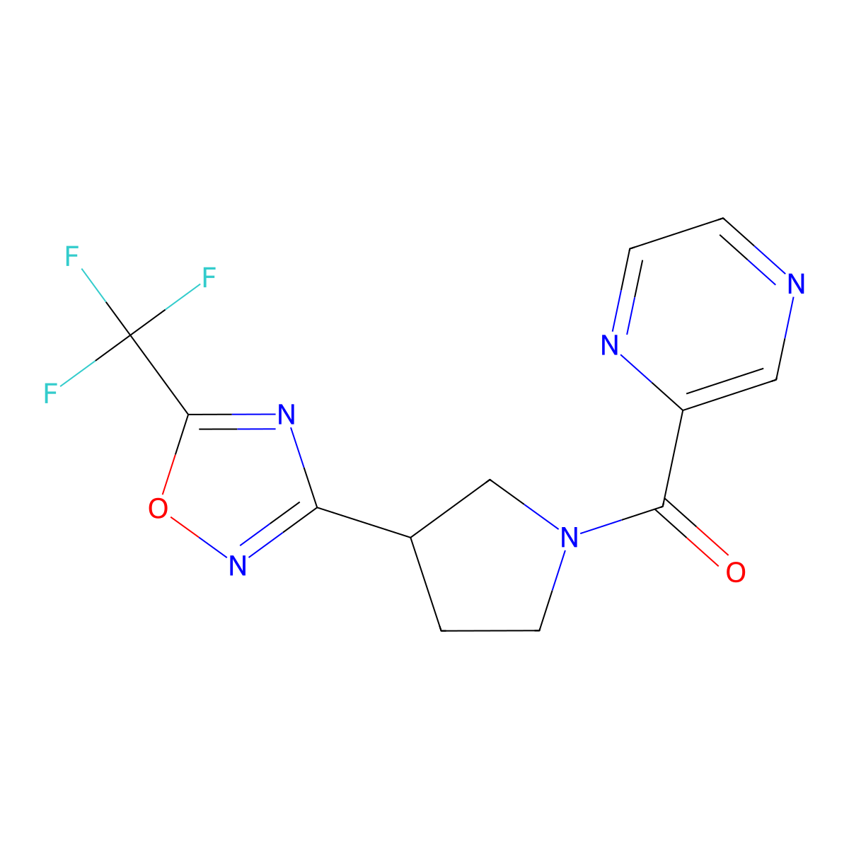 Pyrazin-2-yl(3-(5-(trifluoromethyl)-1,2,4-oxadiazol-3-yl)pyrrolidin-1-yl)methanone molecular structure, CAS 2034284-96-1